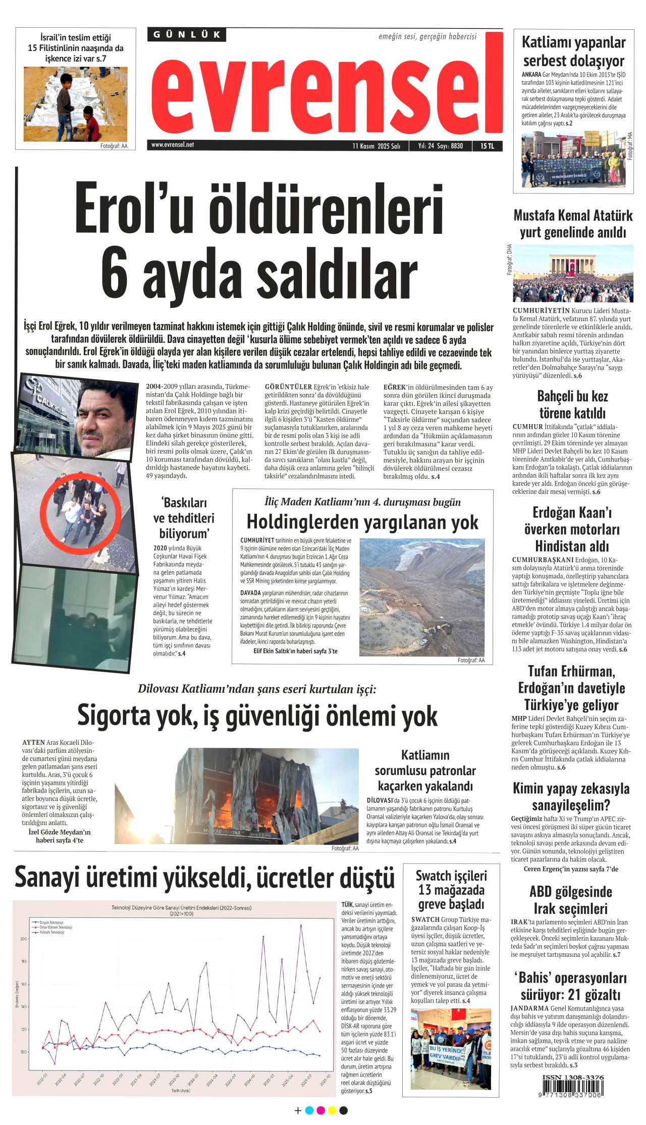 EVRENSEL gazetesinin 11 Kasım 2025 tarihli birinci sayfası