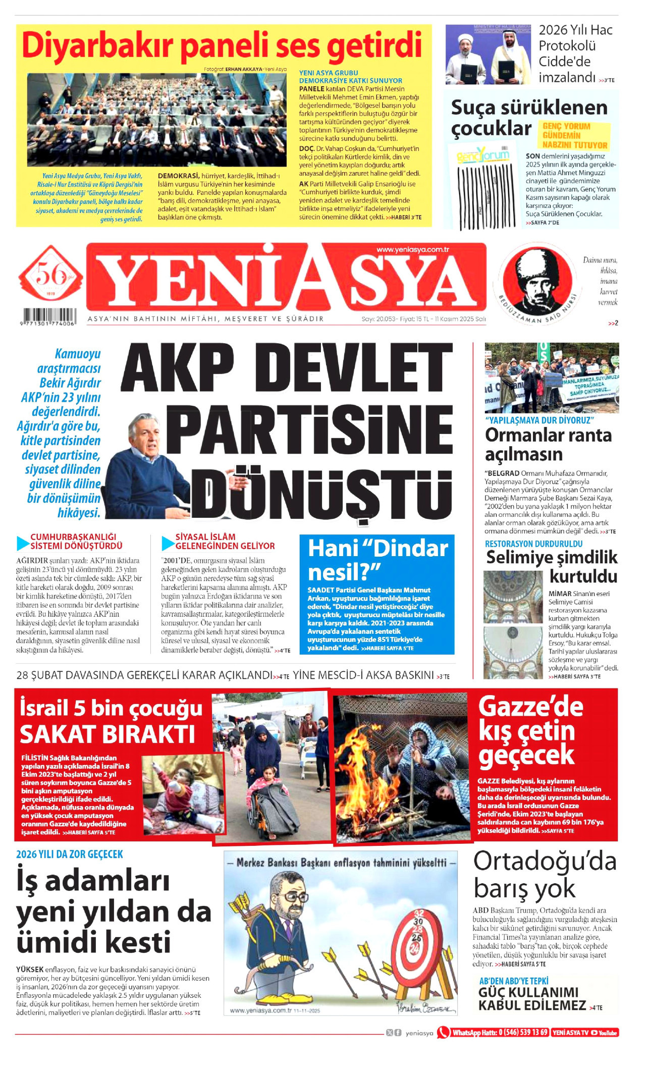YENİ ASYA gazetesinin 11 Kasım 2025 tarihli birinci sayfası