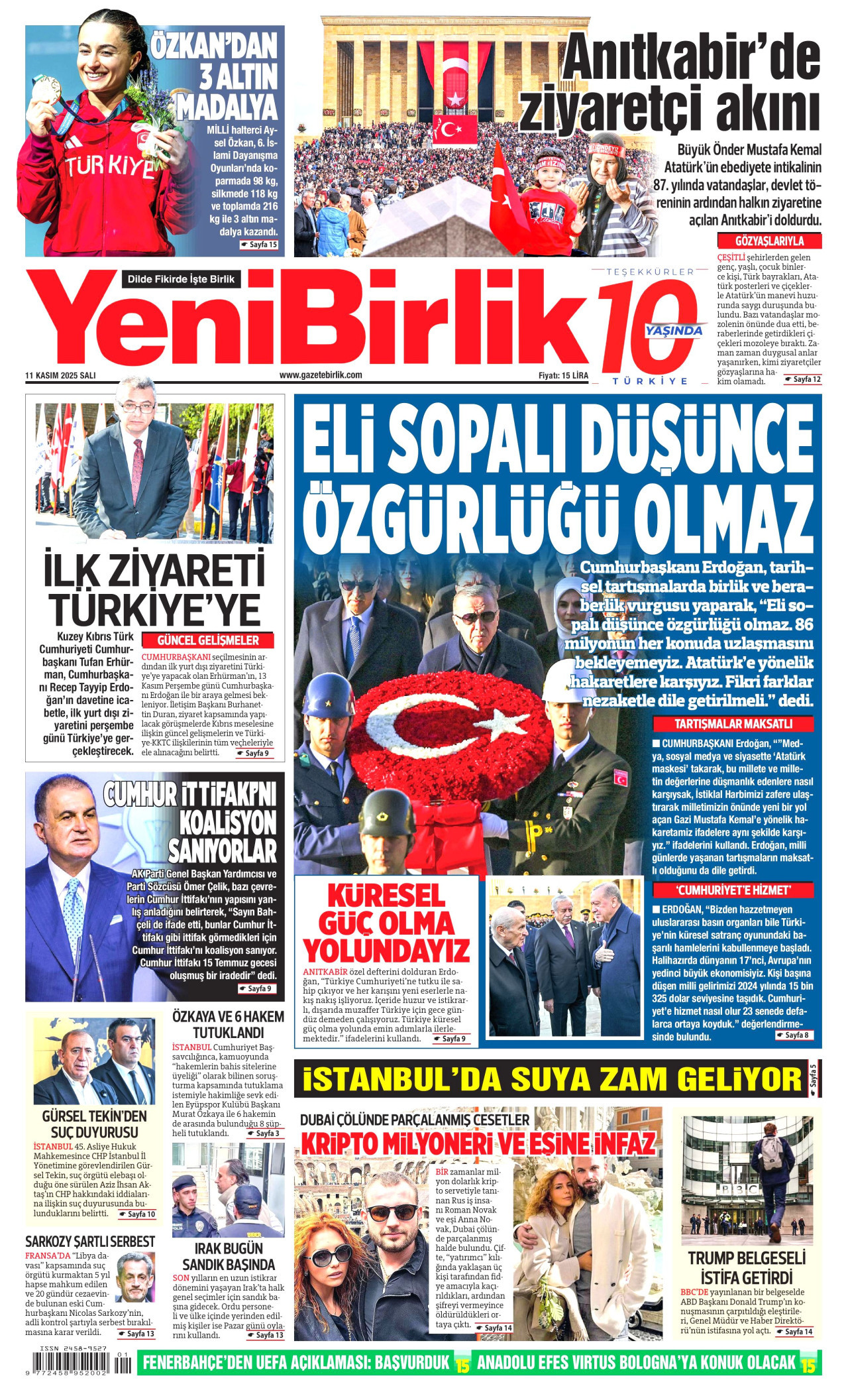YENİBİRLİK gazetesinin 11 Kasım 2025 tarihli birinci sayfası