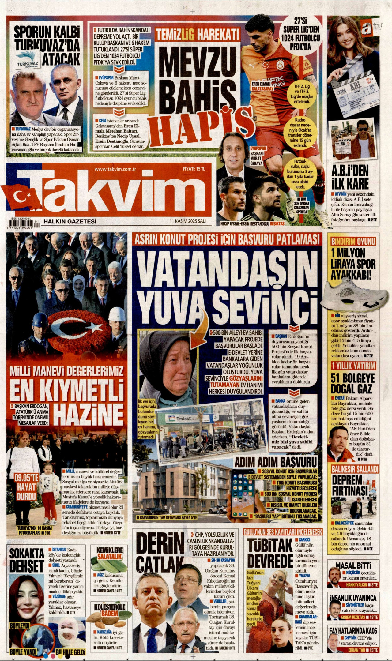 TAKVİM gazetesinin 11 Kasım 2025 tarihli birinci sayfası