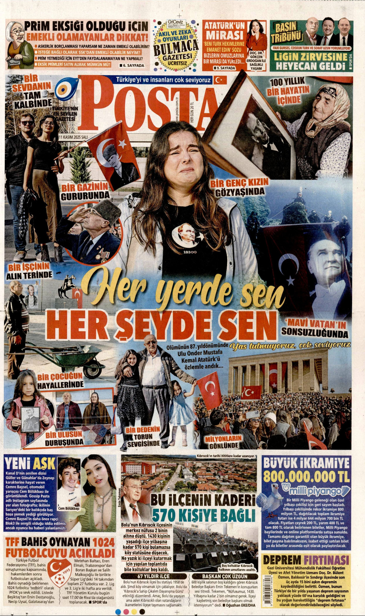 POSTA gazetesinin 11 Kasım 2025 tarihli birinci sayfası