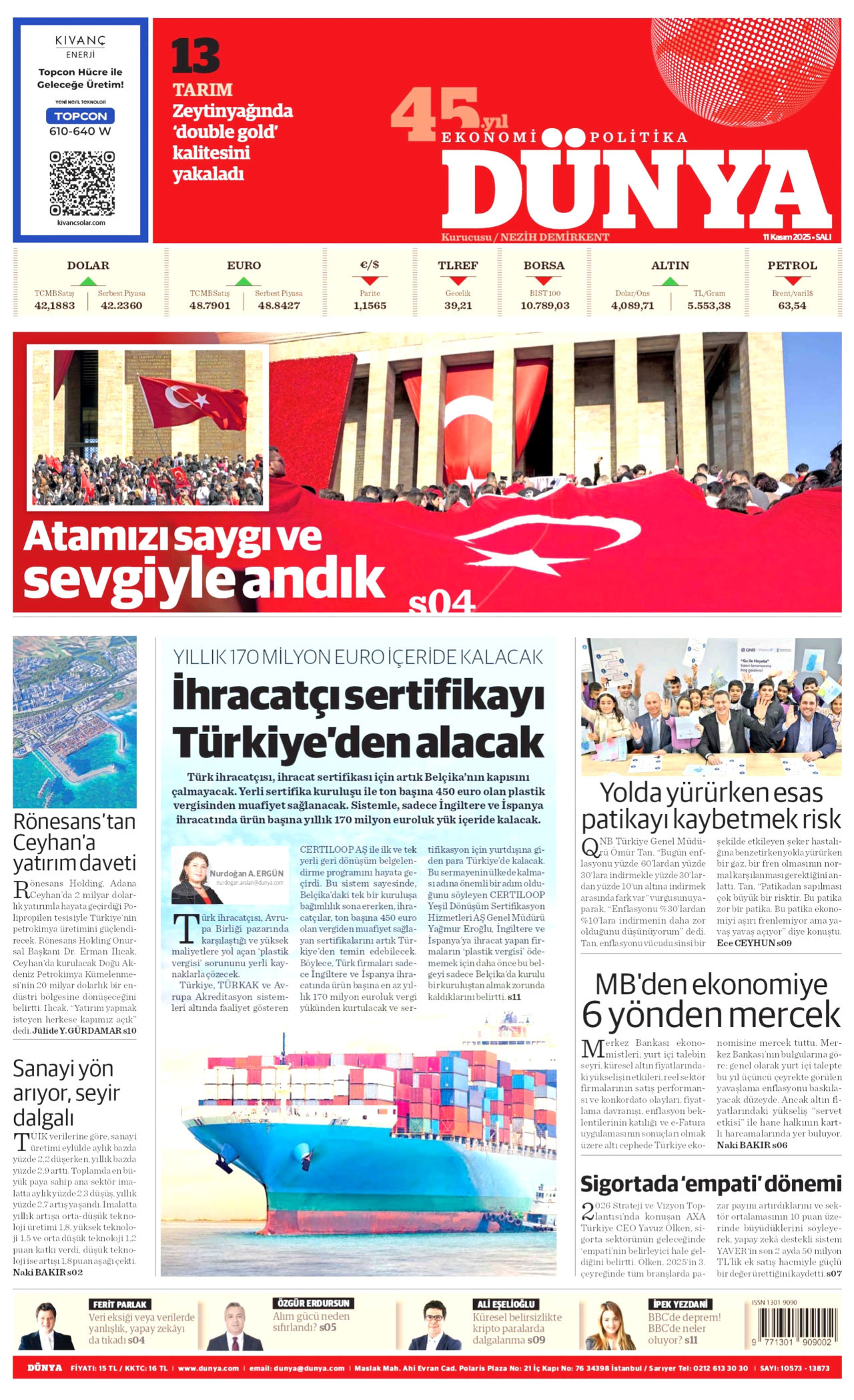 DÜNYA gazetesinin 11 Kasım 2025 tarihli birinci sayfası