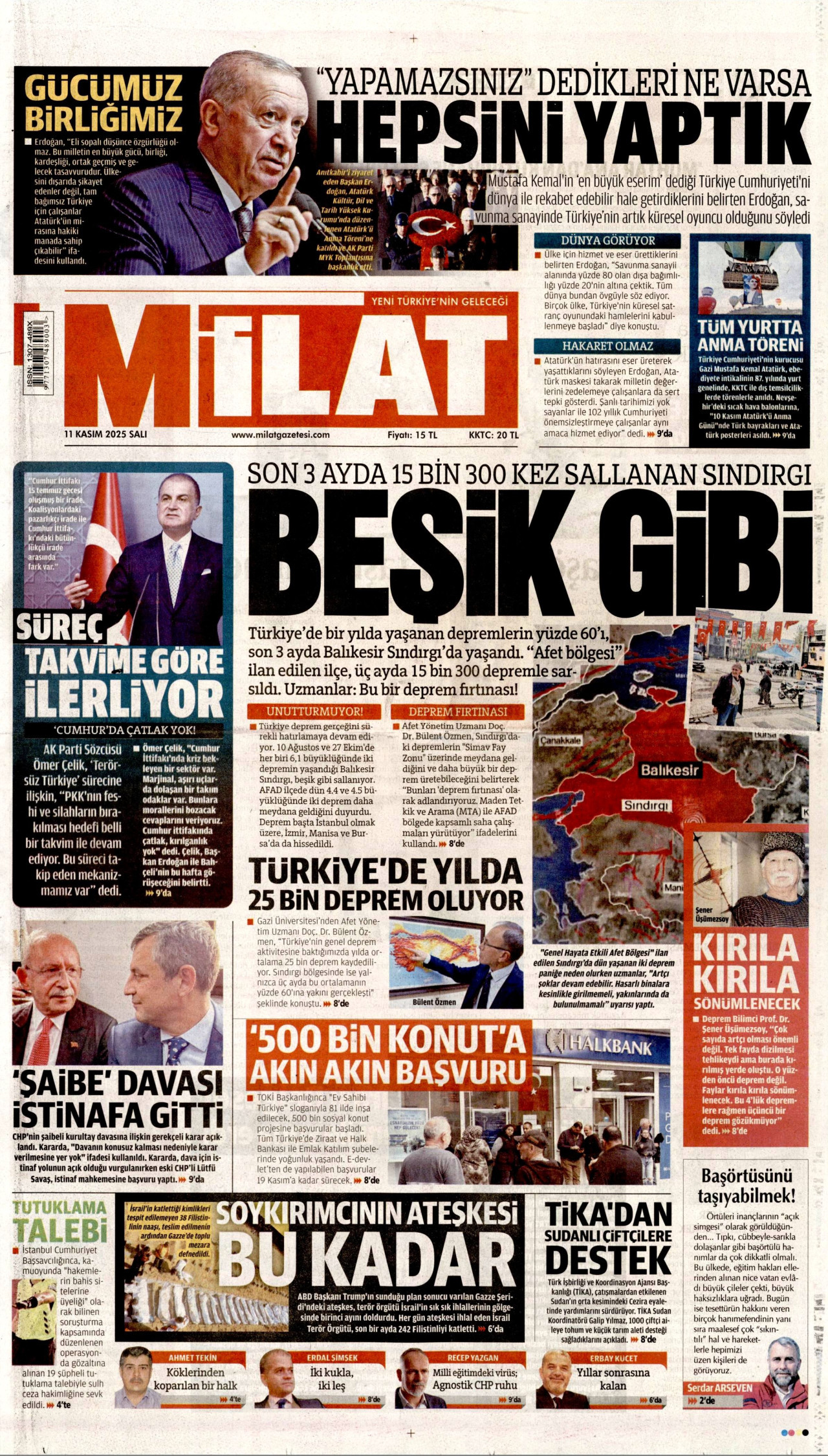MİLAT gazetesinin 11 Kasım 2025 tarihli birinci sayfası