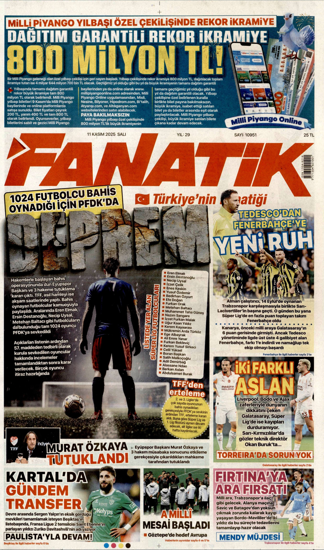 FANATİK gazetesinin 11 Kasım 2025 tarihli birinci sayfası