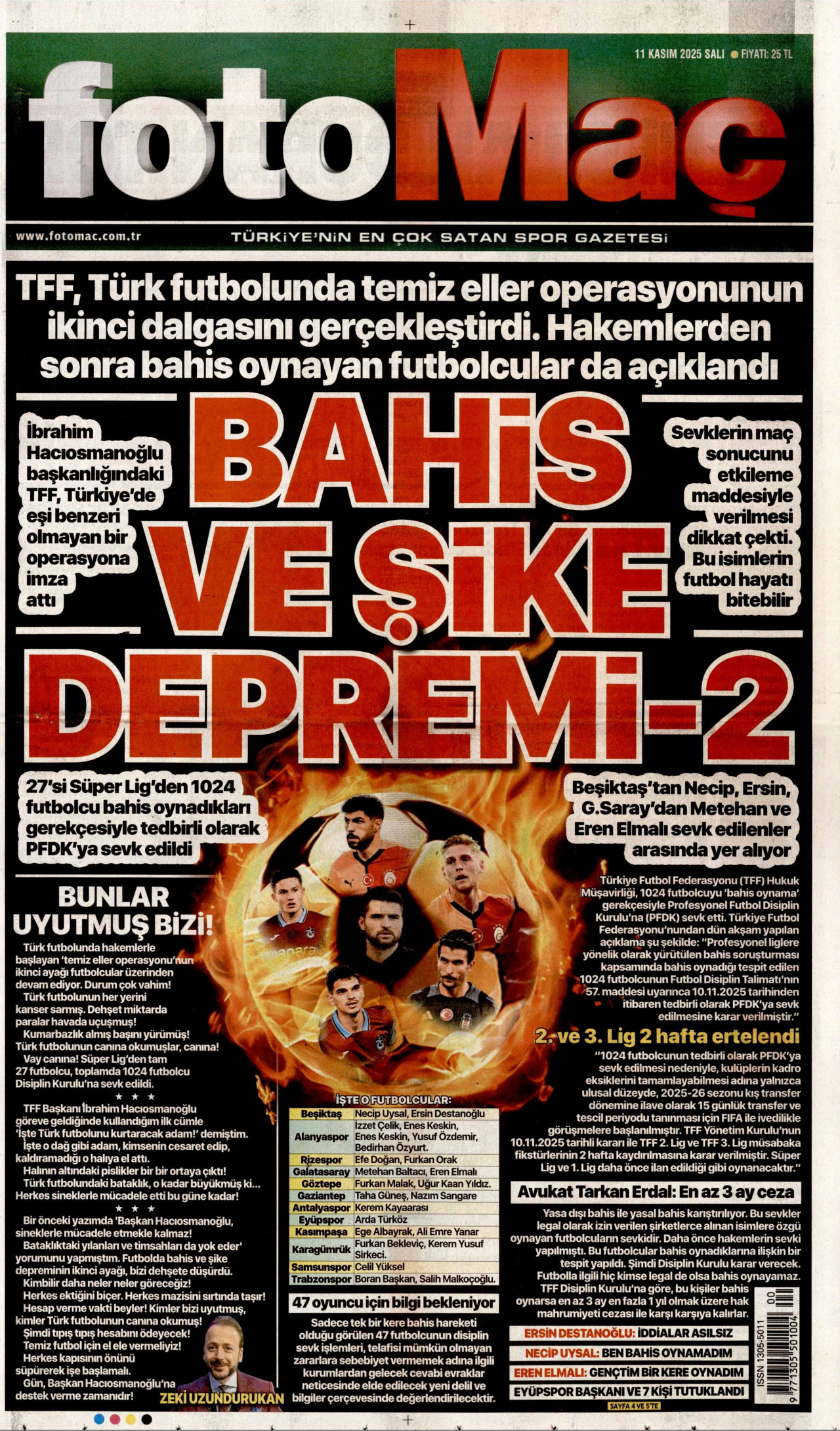 FOTOMAÇ gazetesinin 11 Kasım 2025 tarihli birinci sayfası