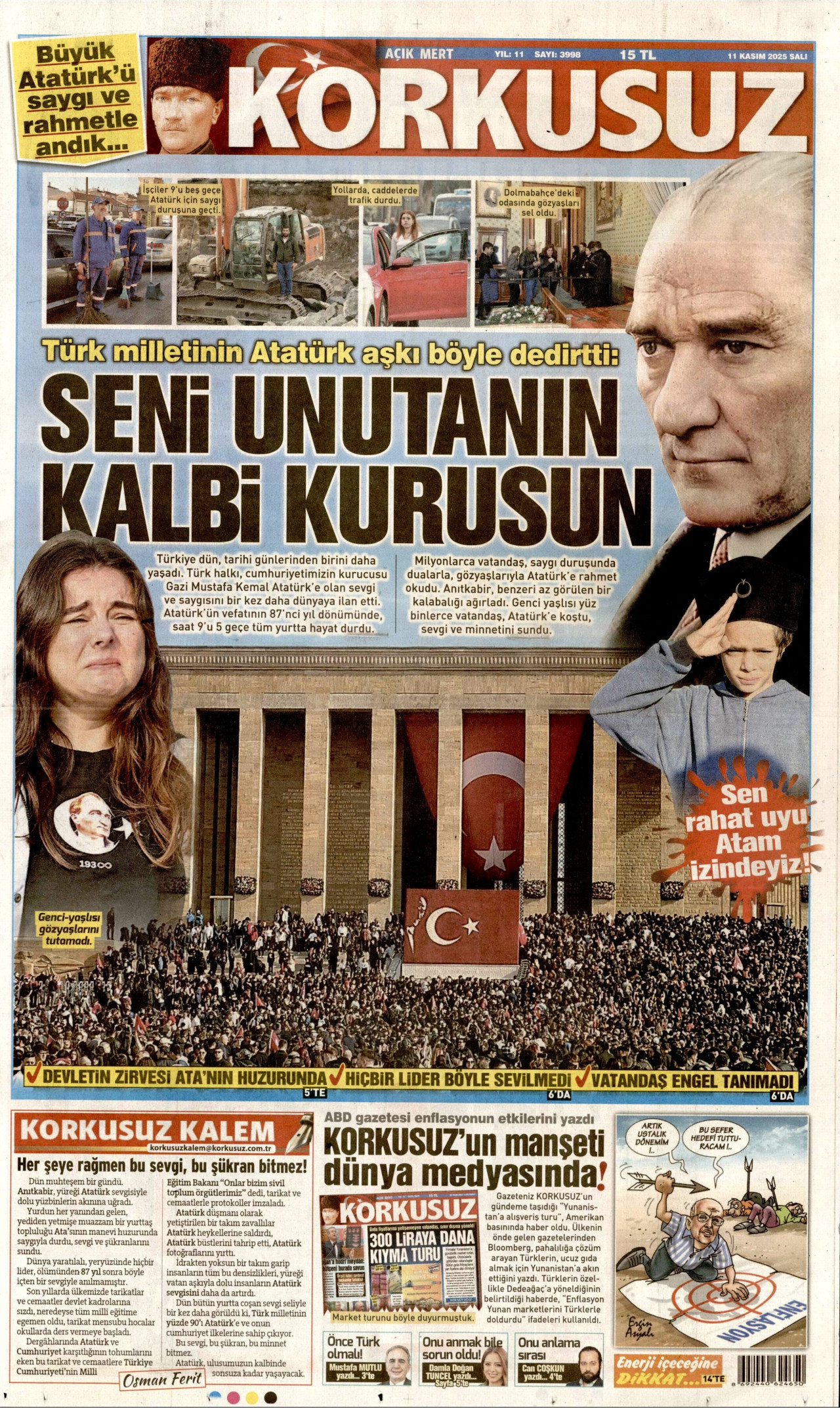 KORKUSUZ gazetesinin 11 Kasım 2025 tarihli birinci sayfası