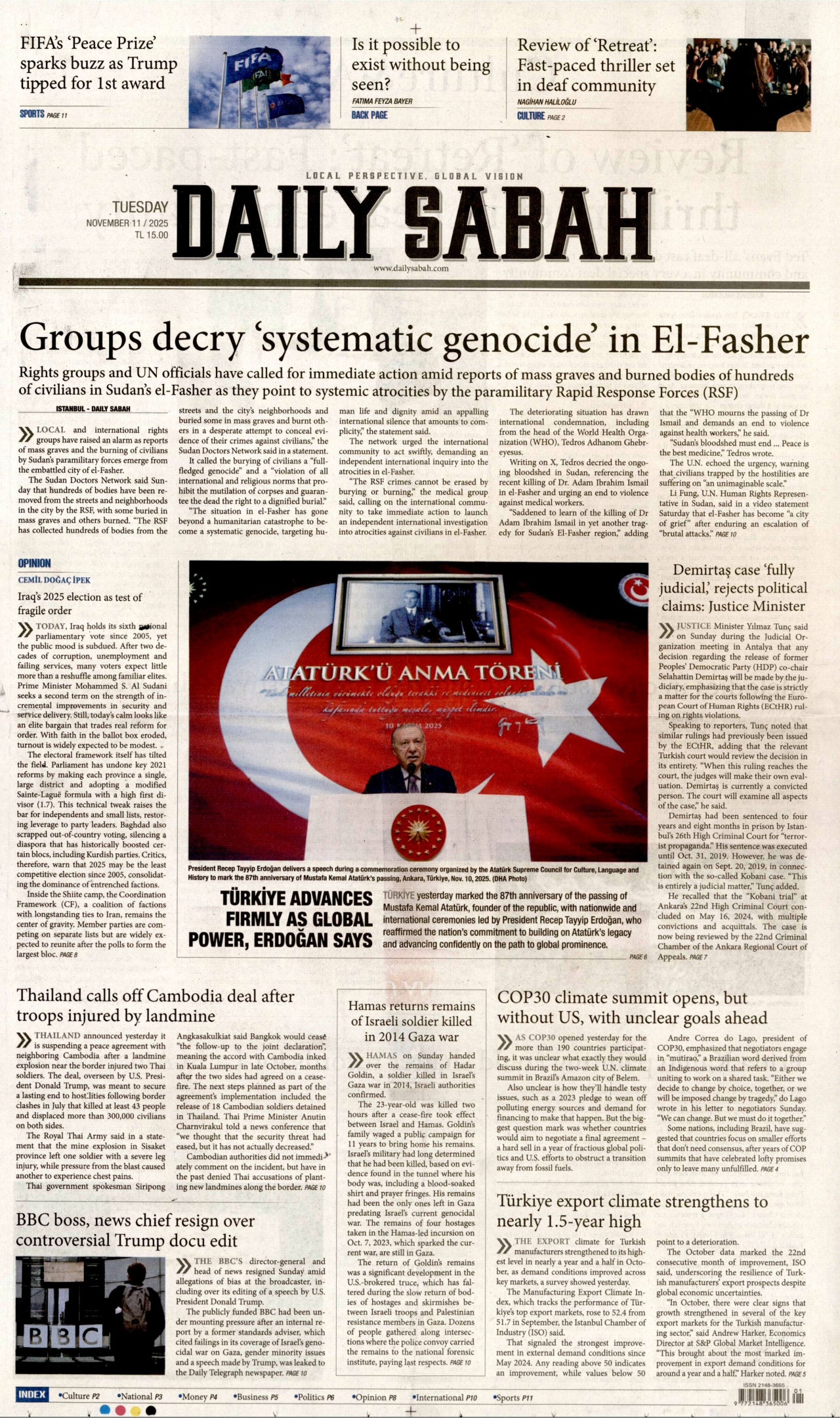 DAİLY SABAH gazetesinin 11 Kasım 2025 tarihli birinci sayfası