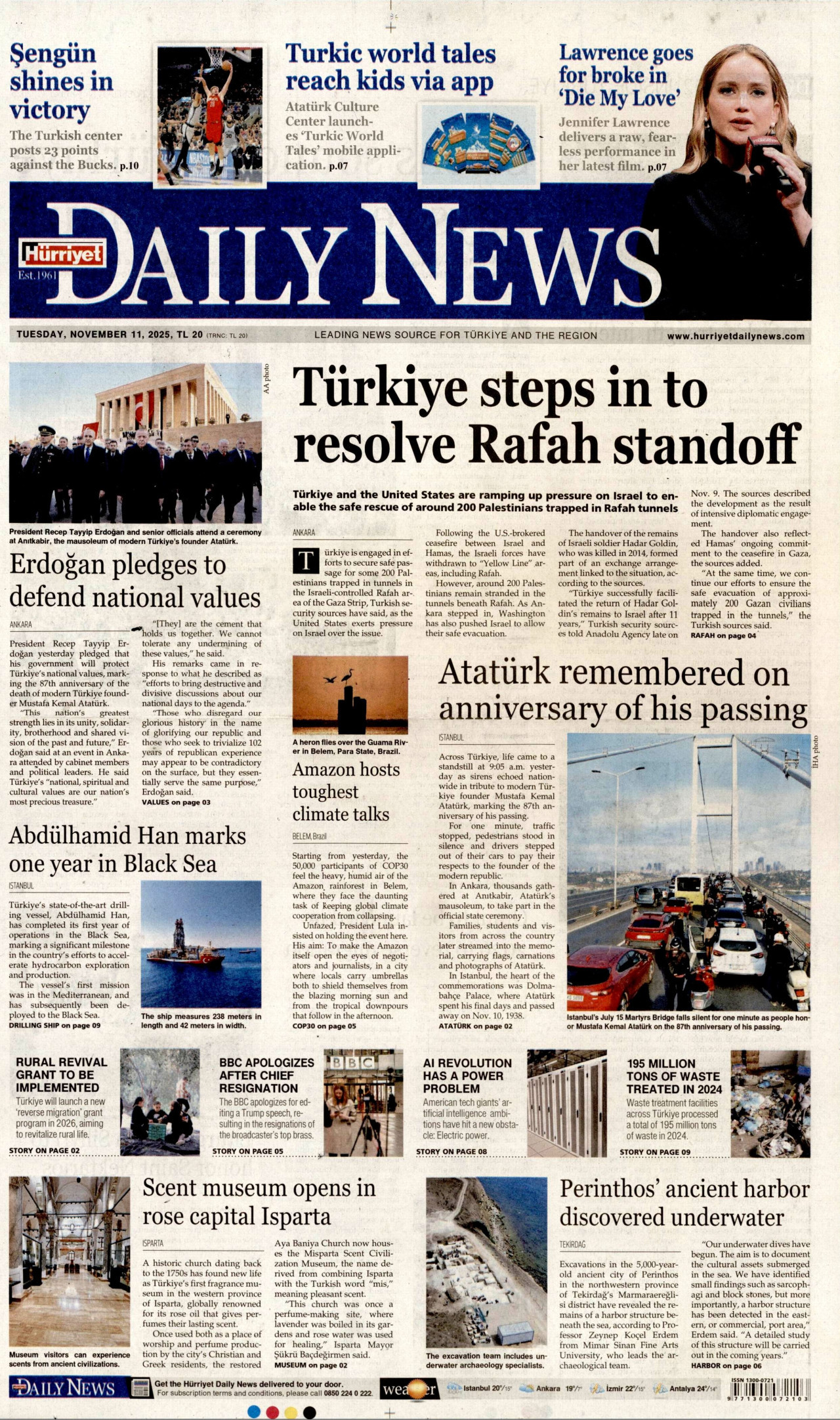 HÜRRİYET DAİLY NEWS gazetesinin 11 Kasım 2025 tarihli birinci sayfası