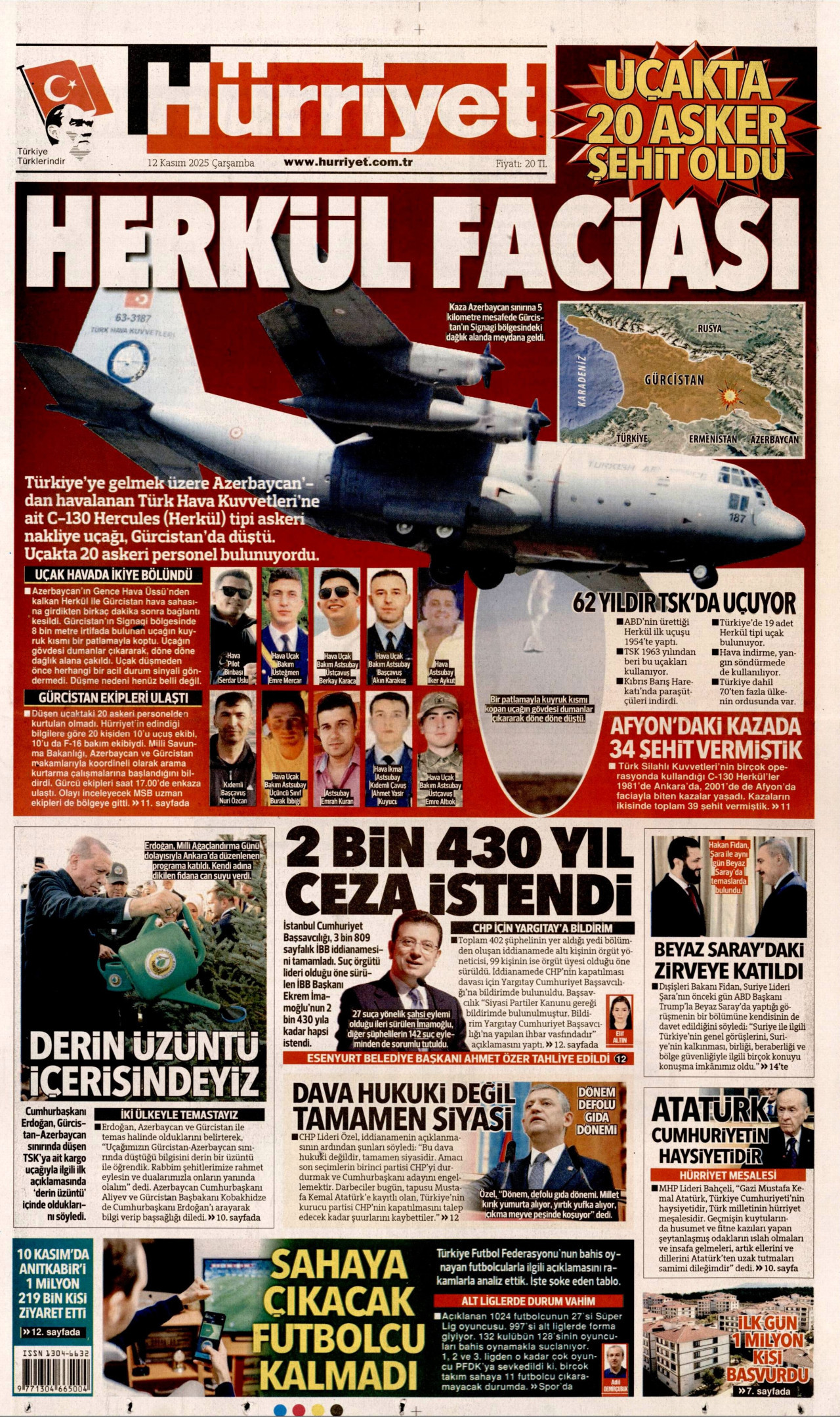 HÜRRİYET gazetesinin 12 Kasım 2025 tarihli birinci sayfası
