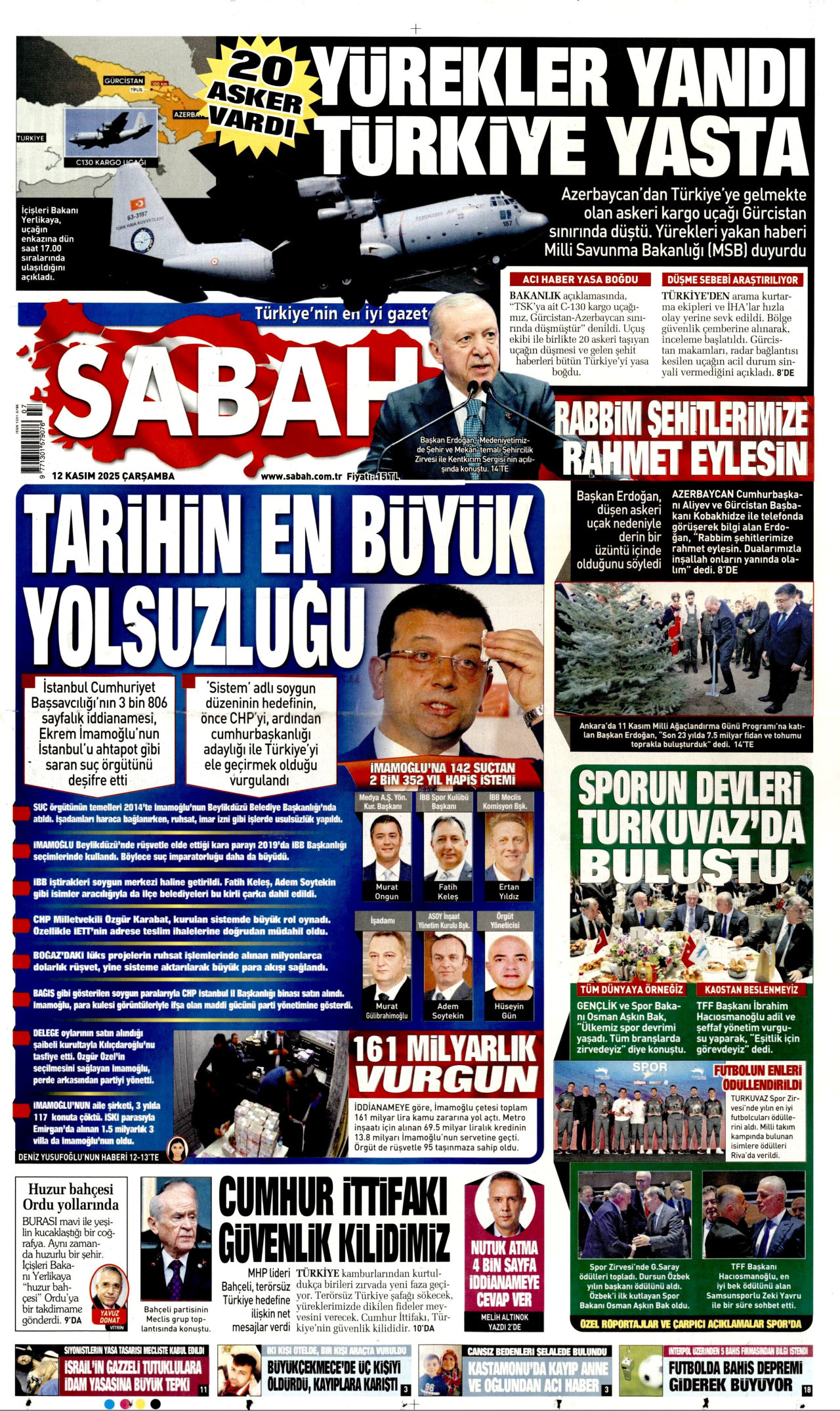 SABAH gazetesinin 12 Kasım 2025 tarihli birinci sayfası