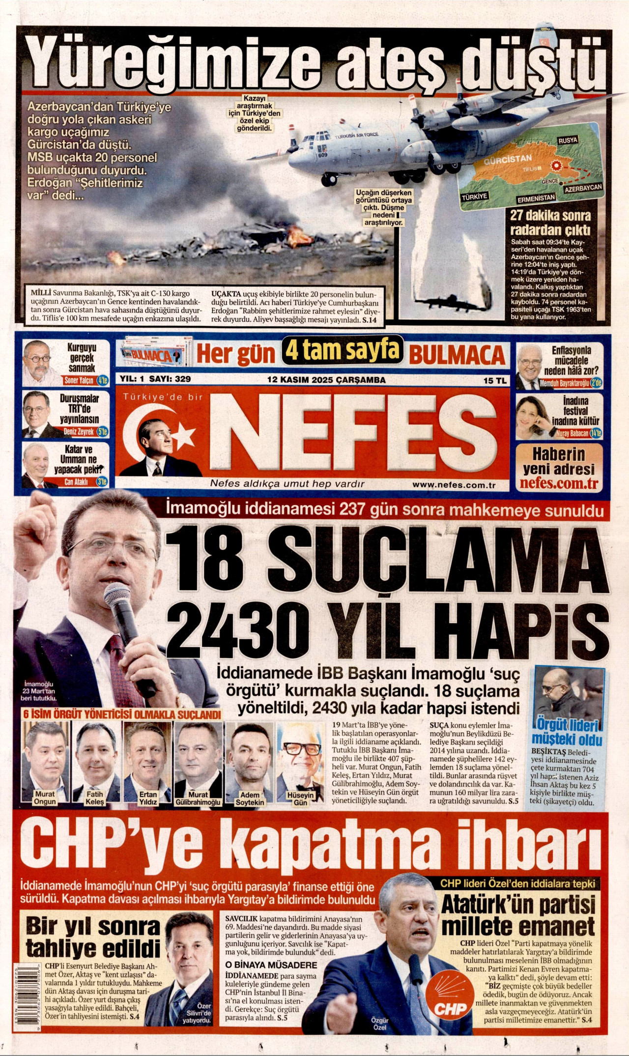 NEFES gazetesinin 12 Kasım 2025 tarihli birinci sayfası