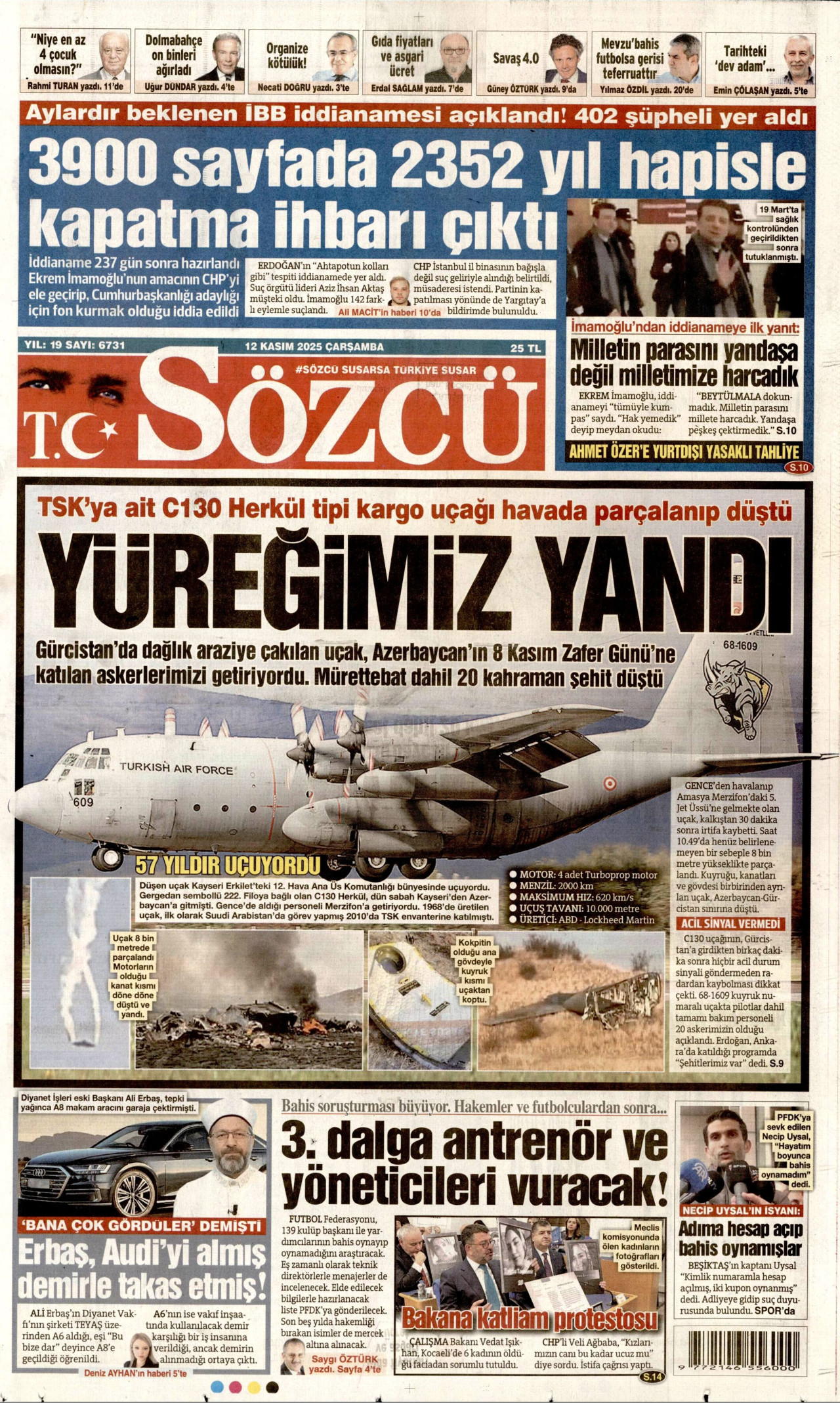 SÖZCÜ gazetesinin 12 Kasım 2025 tarihli birinci sayfası
