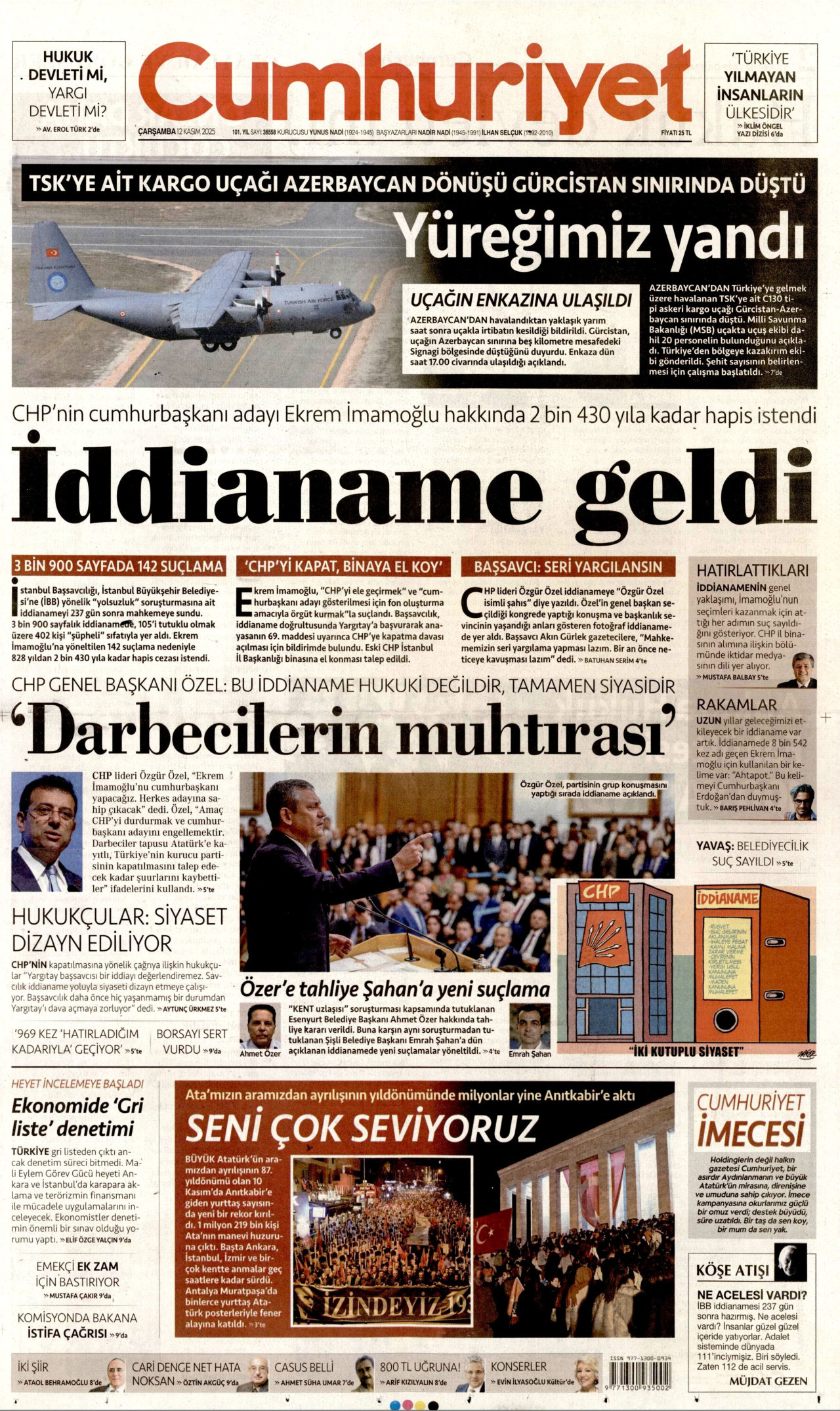CUMHURİYET gazetesinin 12 Kasım 2025 tarihli birinci sayfası