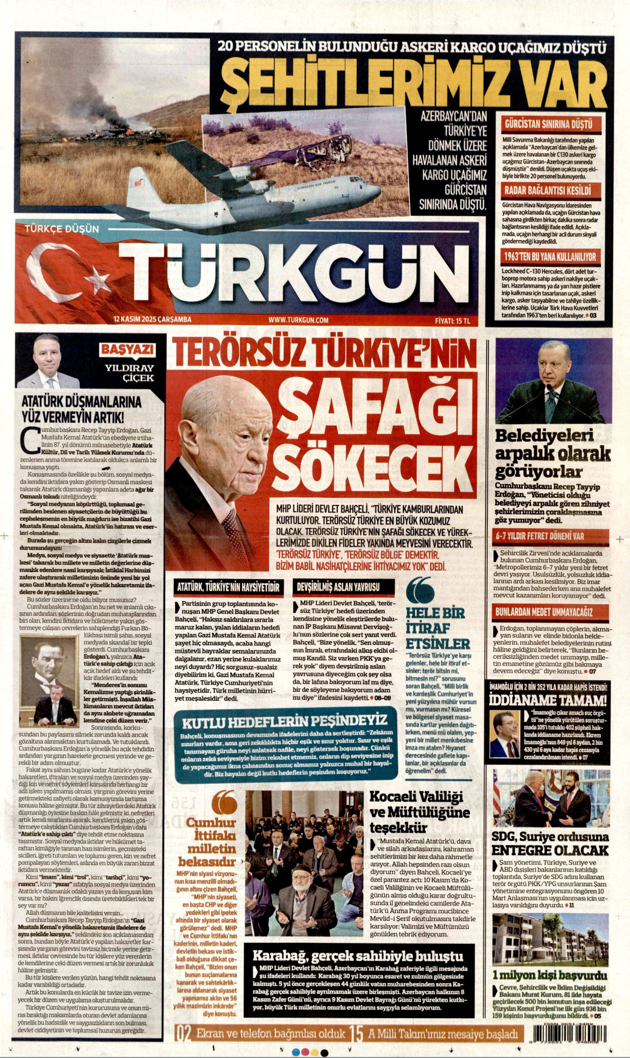 TÜRKGÜN gazetesinin 12 Kasım 2025 tarihli birinci sayfası