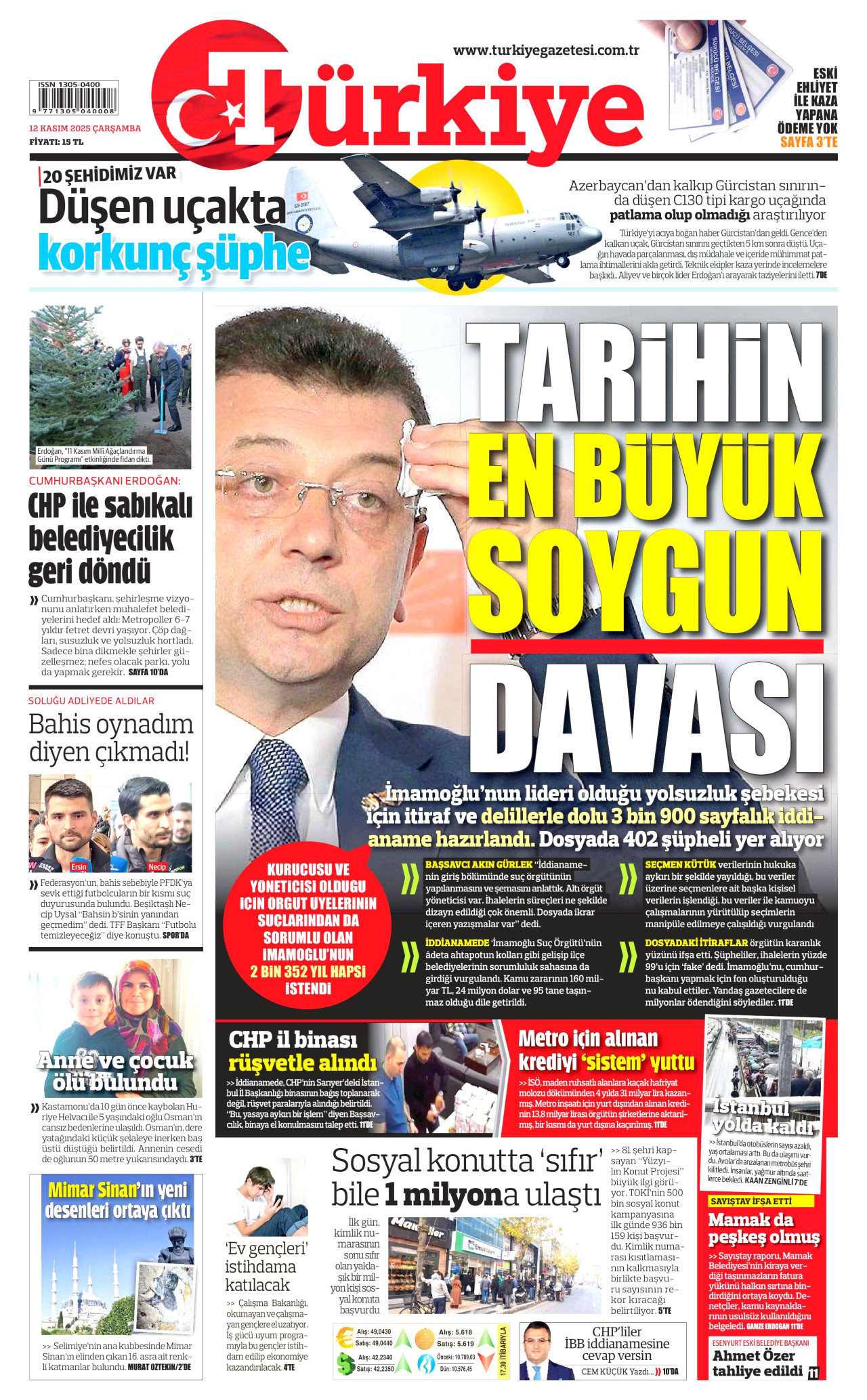 TÜRKİYE GAZETESİ gazetesinin 12 Kasım 2025 tarihli birinci sayfası