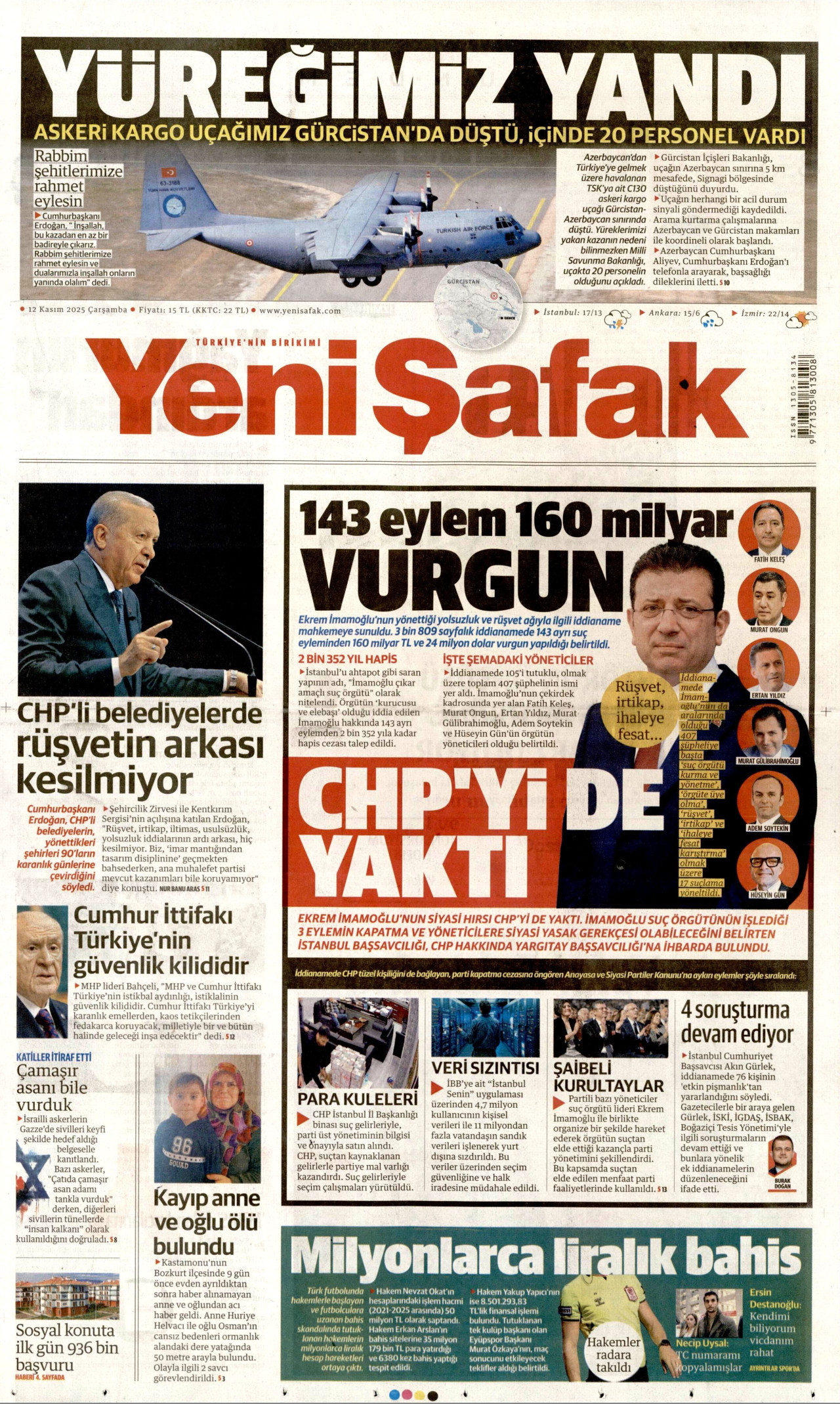 YENİ ŞAFAK gazetesinin 12 Kasım 2025 tarihli birinci sayfası