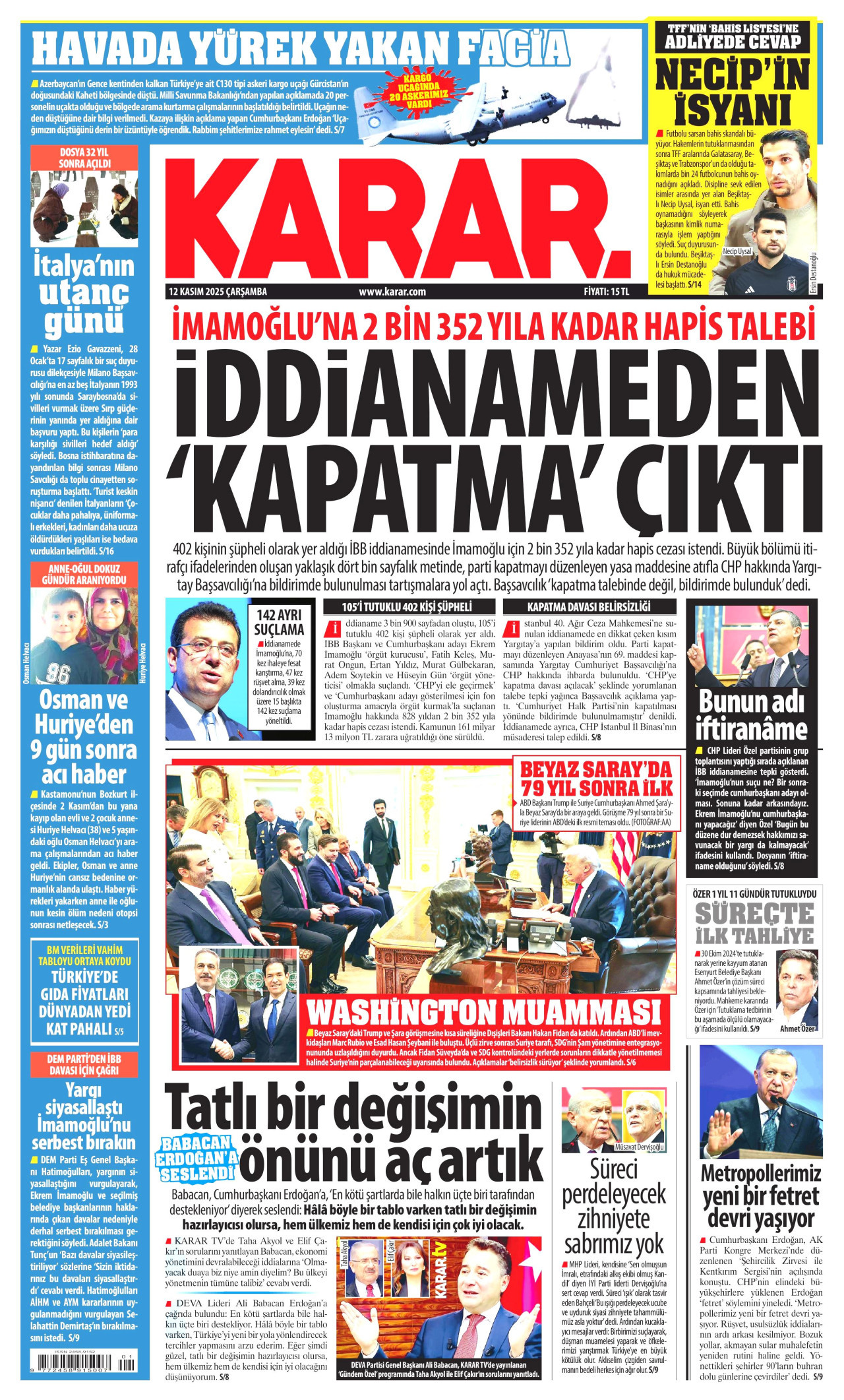 KARAR gazetesinin 12 Kasım 2025 tarihli birinci sayfası