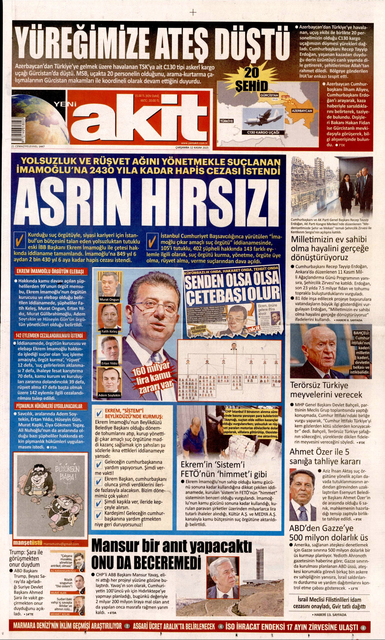 YENİ AKİT gazetesinin 12 Kasım 2025 tarihli birinci sayfası