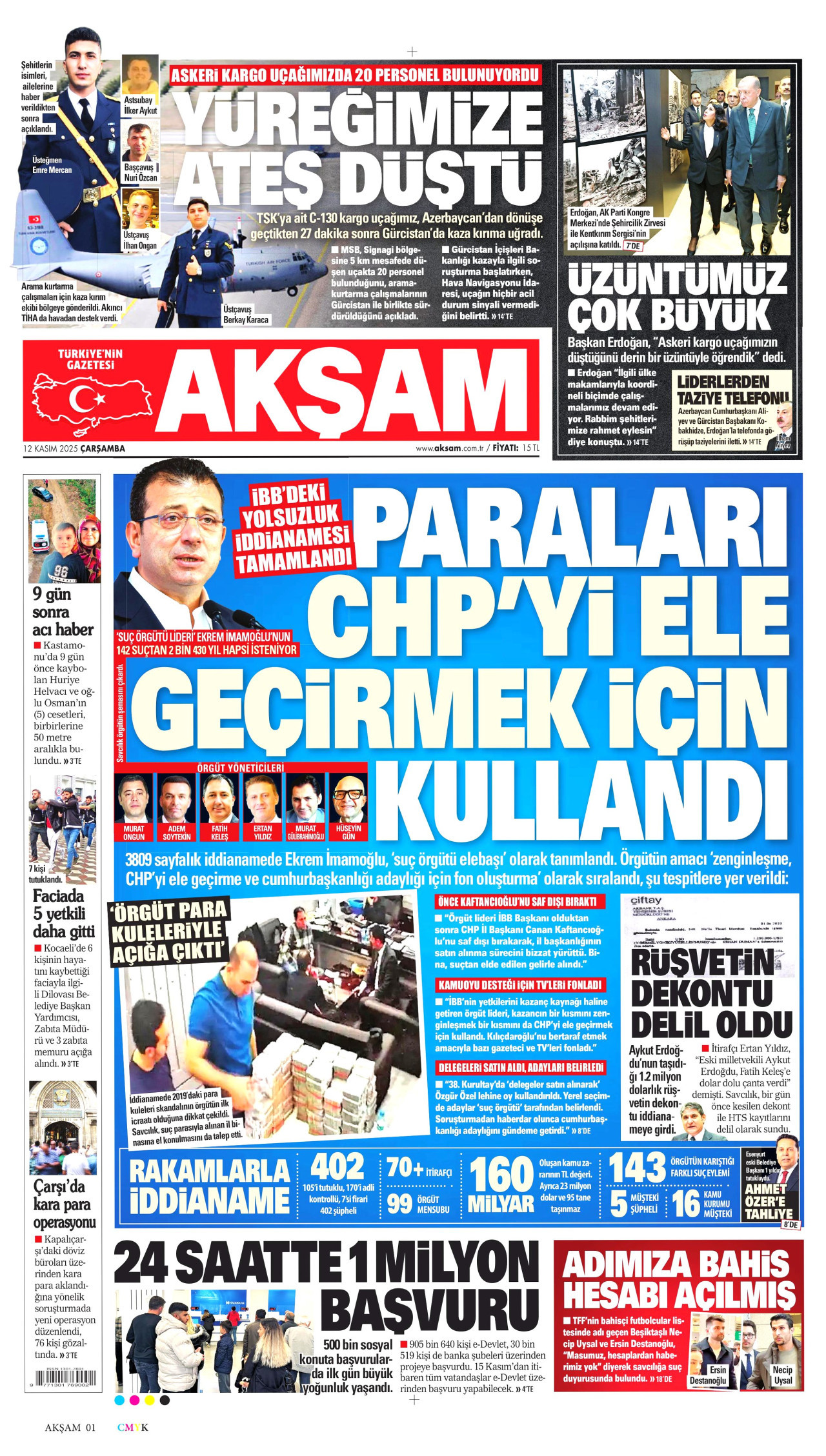 AKŞAM gazetesinin 12 Kasım 2025 tarihli birinci sayfası