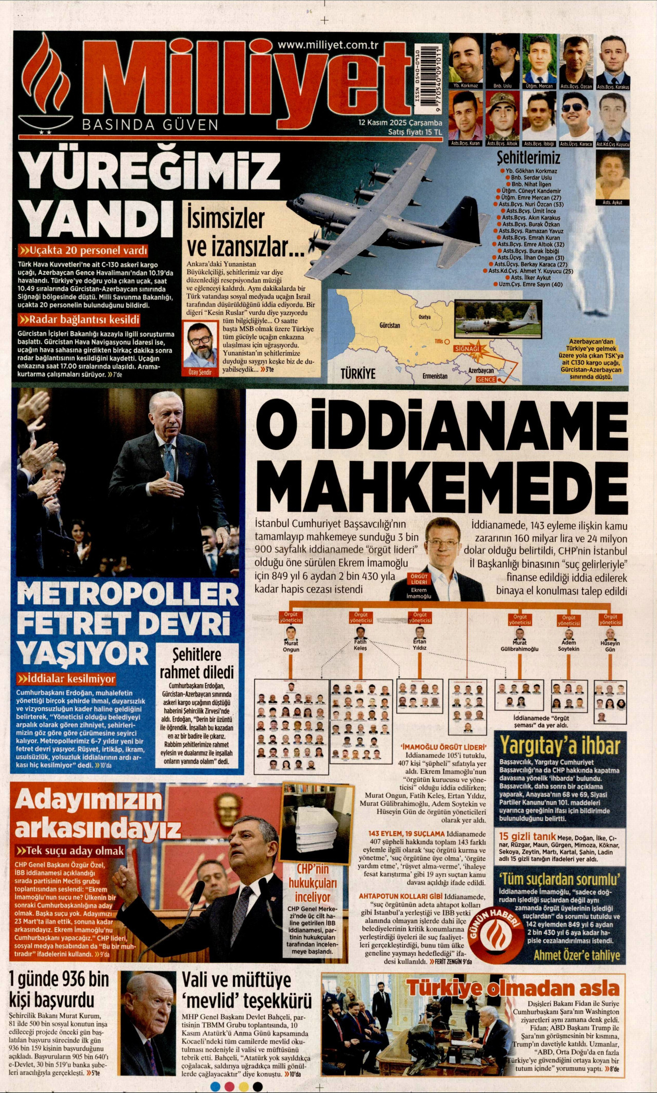 MİLLİYET gazetesinin 12 Kasım 2025 tarihli birinci sayfası