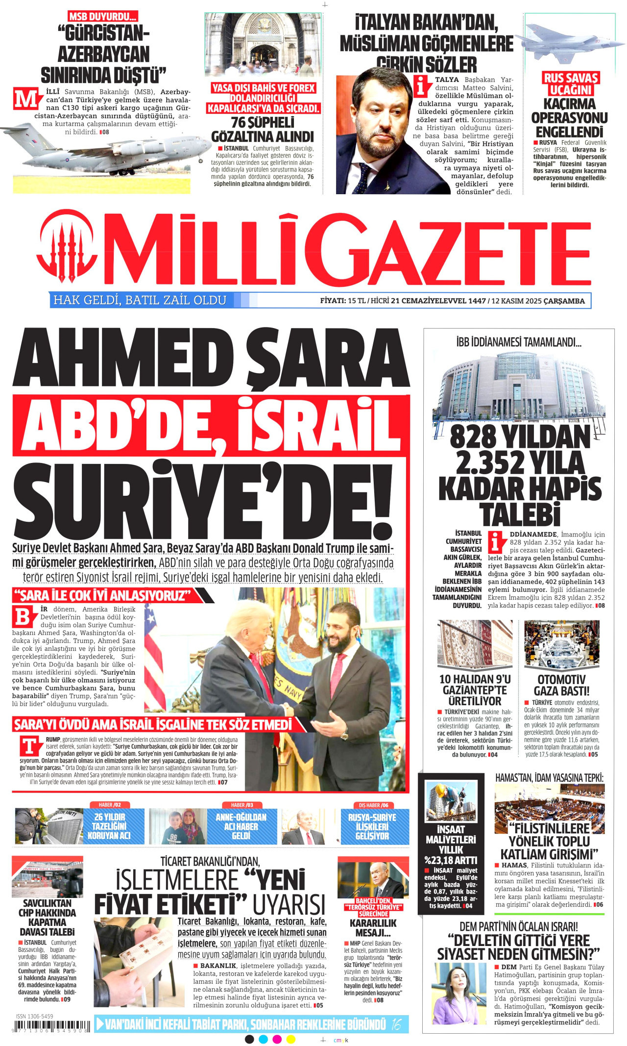 MİLLİ GAZETE gazetesinin 12 Kasım 2025 tarihli birinci sayfası