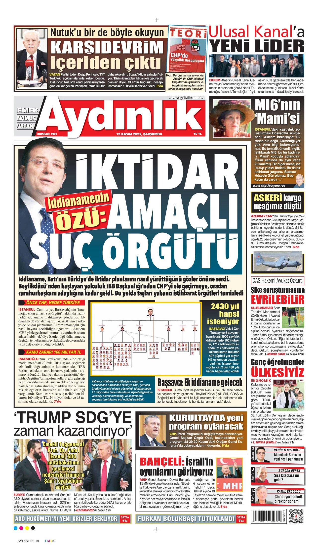 AYDINLIK GAZETESİ gazetesinin 12 Kasım 2025 tarihli birinci sayfası