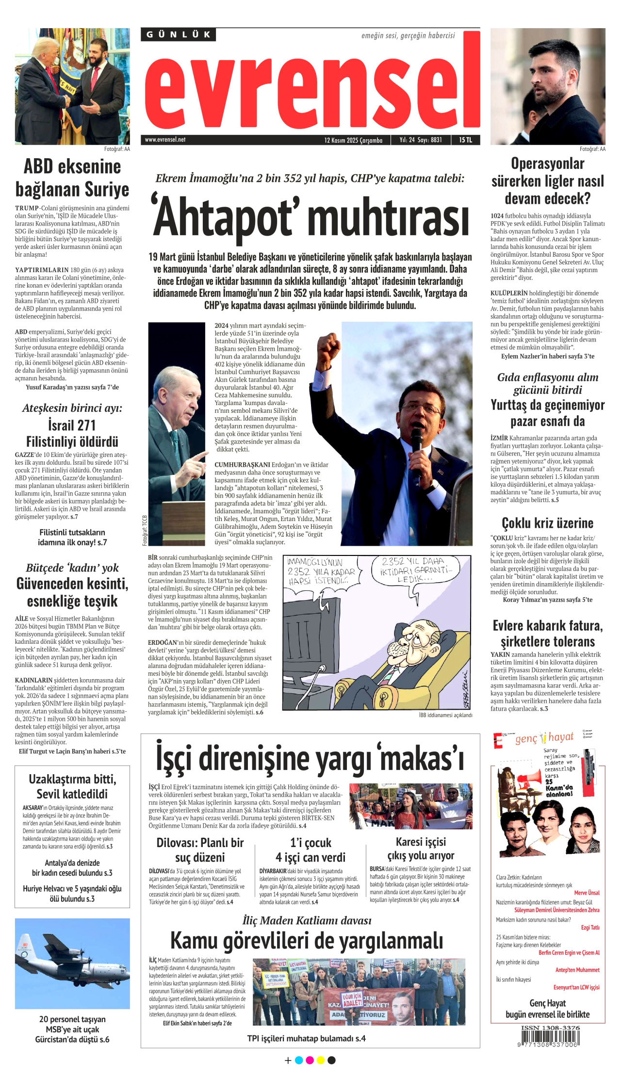 EVRENSEL gazetesinin 12 Kasım 2025 tarihli birinci sayfası
