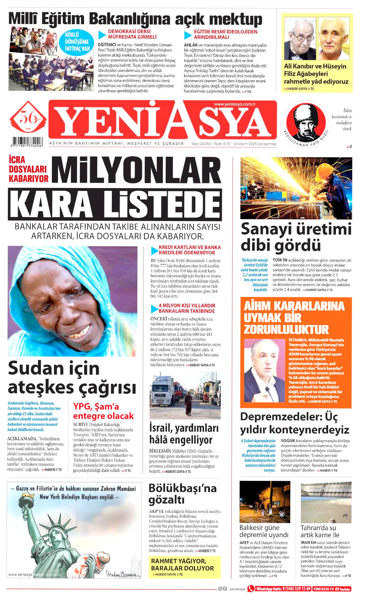 YENİ ASYA gazetesinin 12 Kasım 2025 tarihli birinci sayfası
