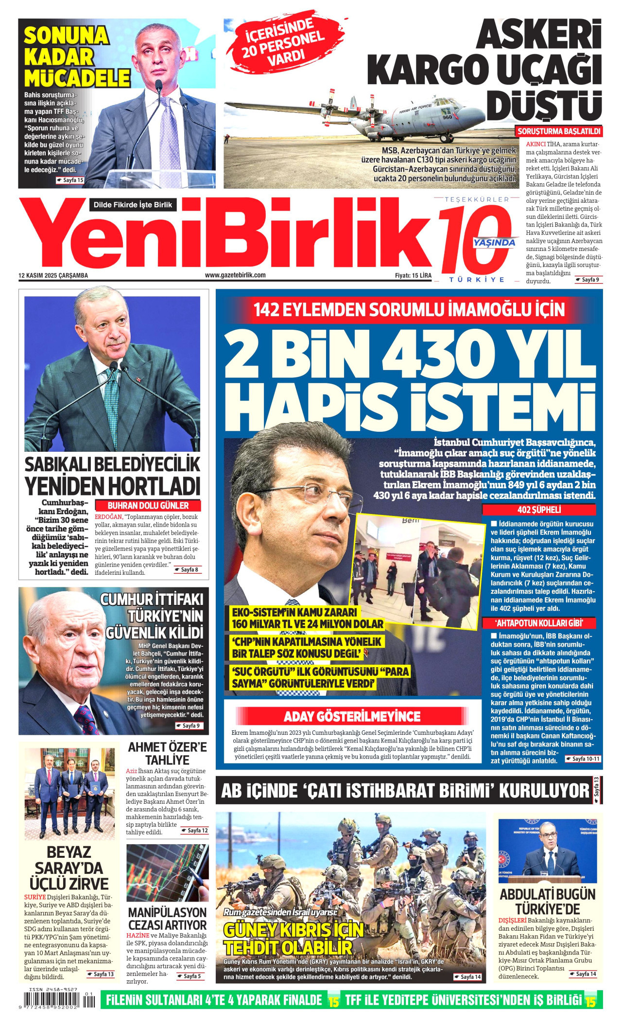 YENİBİRLİK gazetesinin 12 Kasım 2025 tarihli birinci sayfası