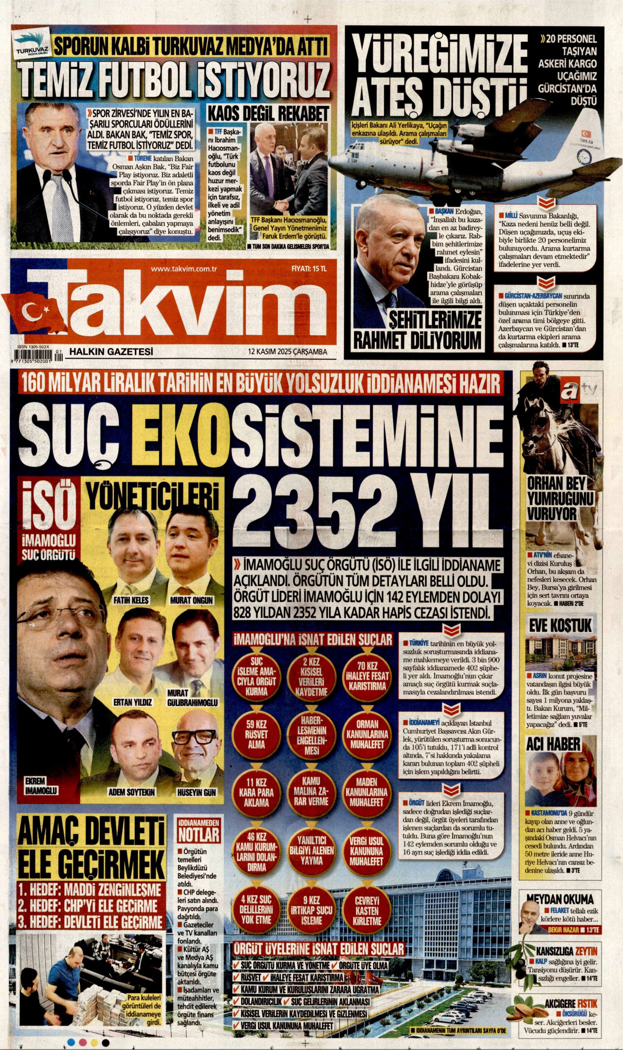TAKVİM gazetesinin 12 Kasım 2025 tarihli birinci sayfası