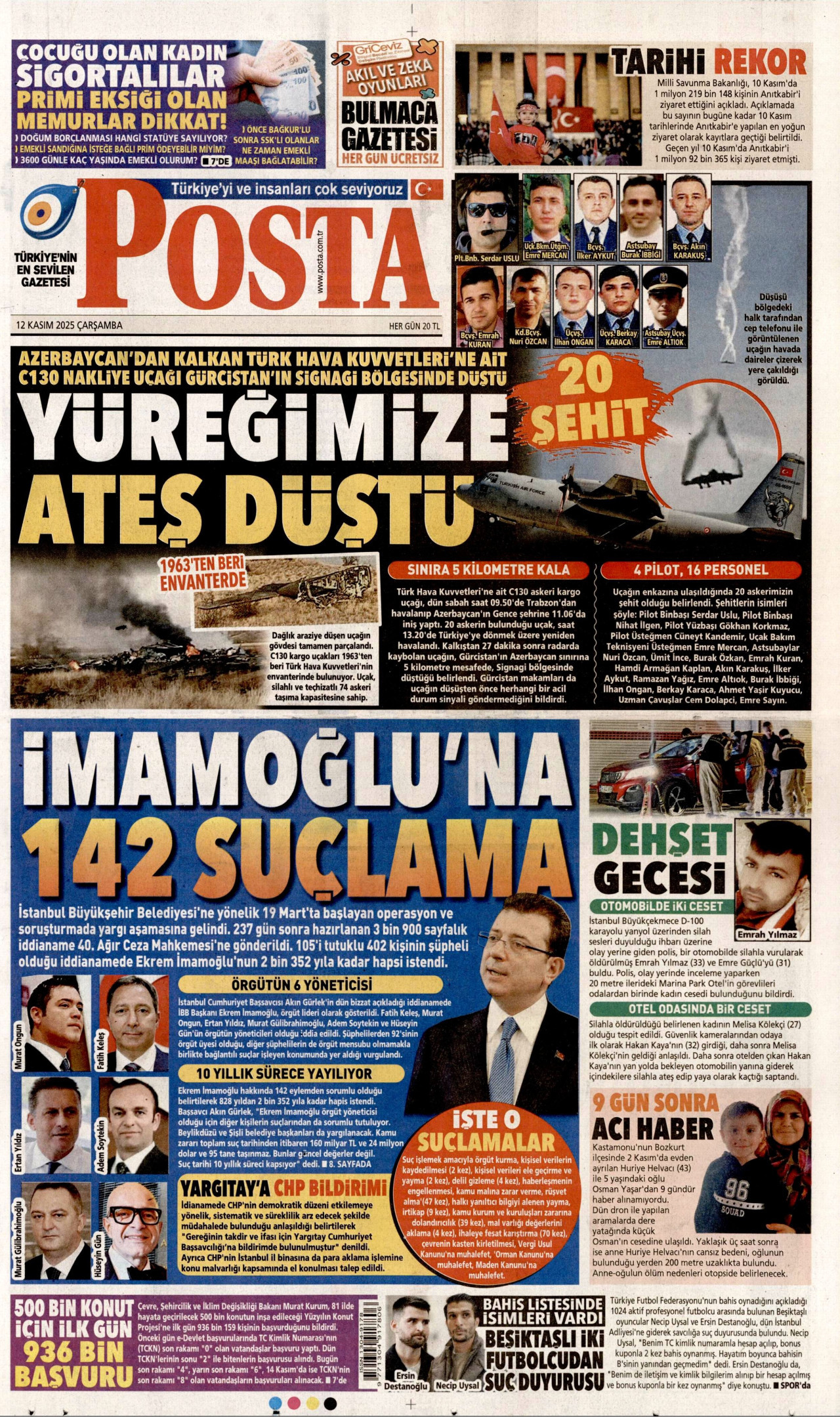 POSTA gazetesinin 12 Kasım 2025 tarihli birinci sayfası