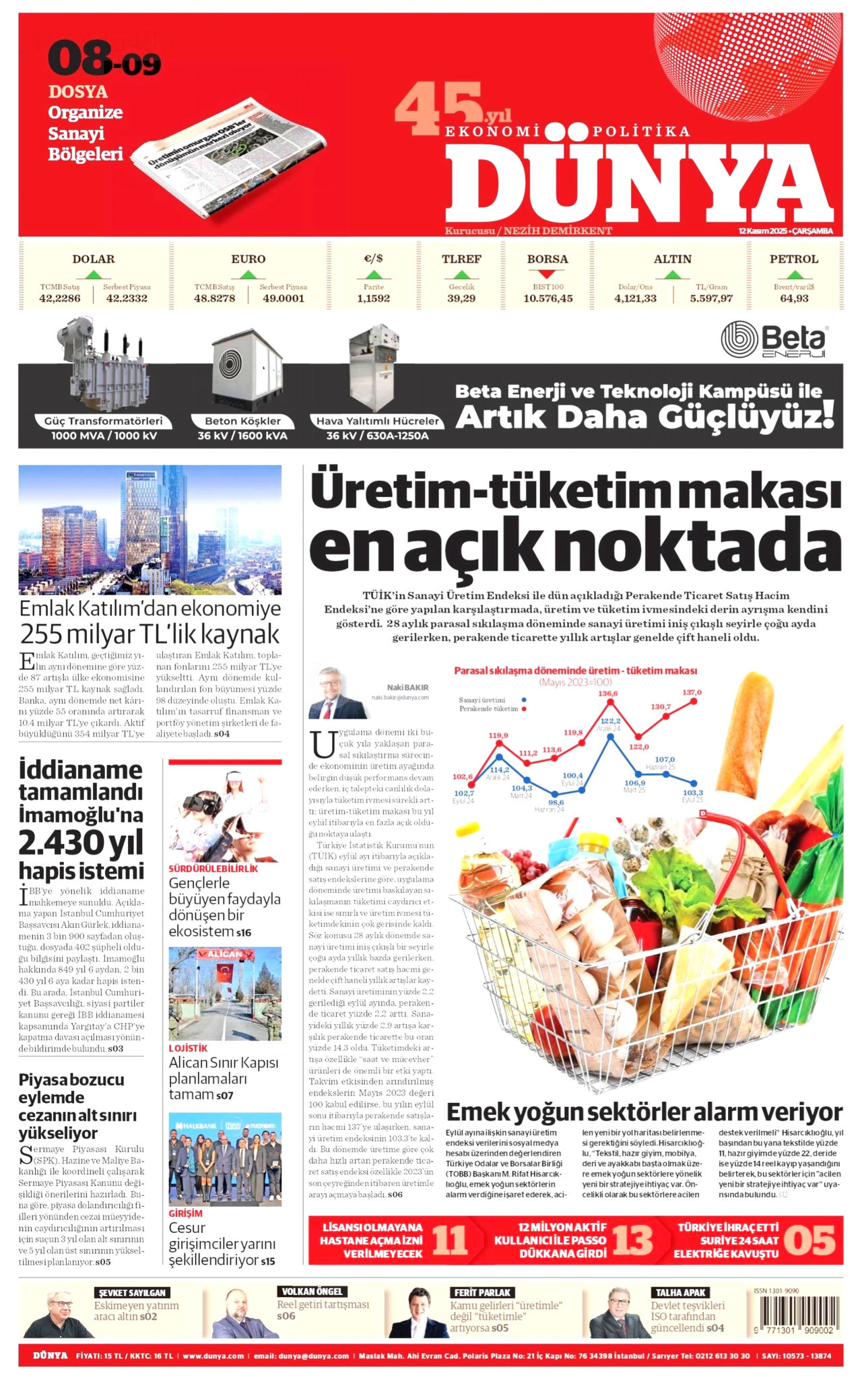 DÜNYA gazetesinin 12 Kasım 2025 tarihli birinci sayfası