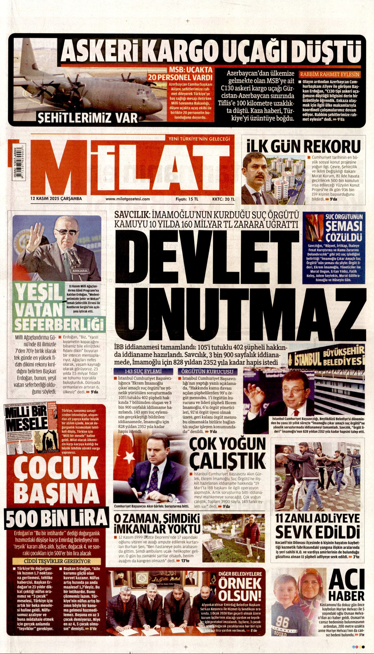 MİLAT gazetesinin 12 Kasım 2025 tarihli birinci sayfası