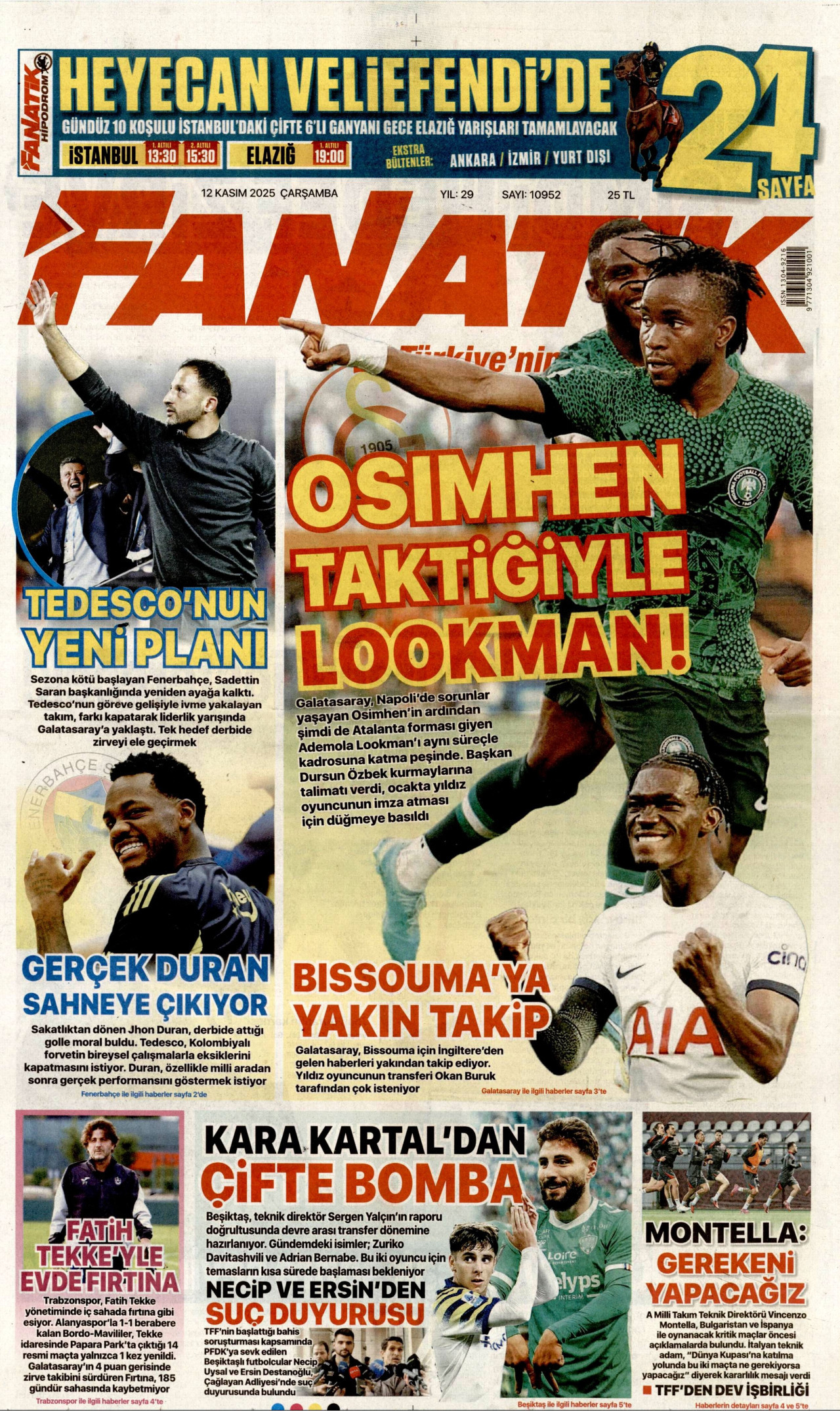 FANATİK gazetesinin 12 Kasım 2025 tarihli birinci sayfası