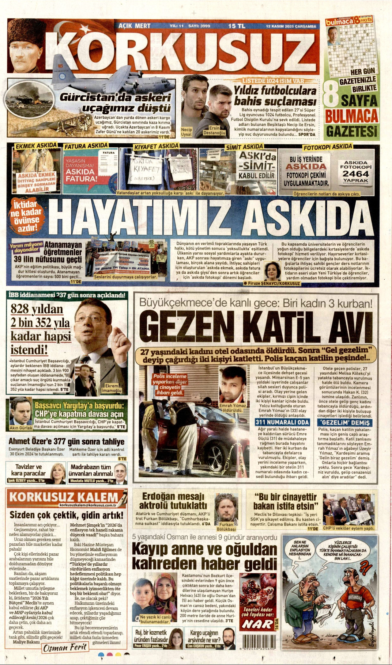 KORKUSUZ gazetesinin 12 Kasım 2025 tarihli birinci sayfası