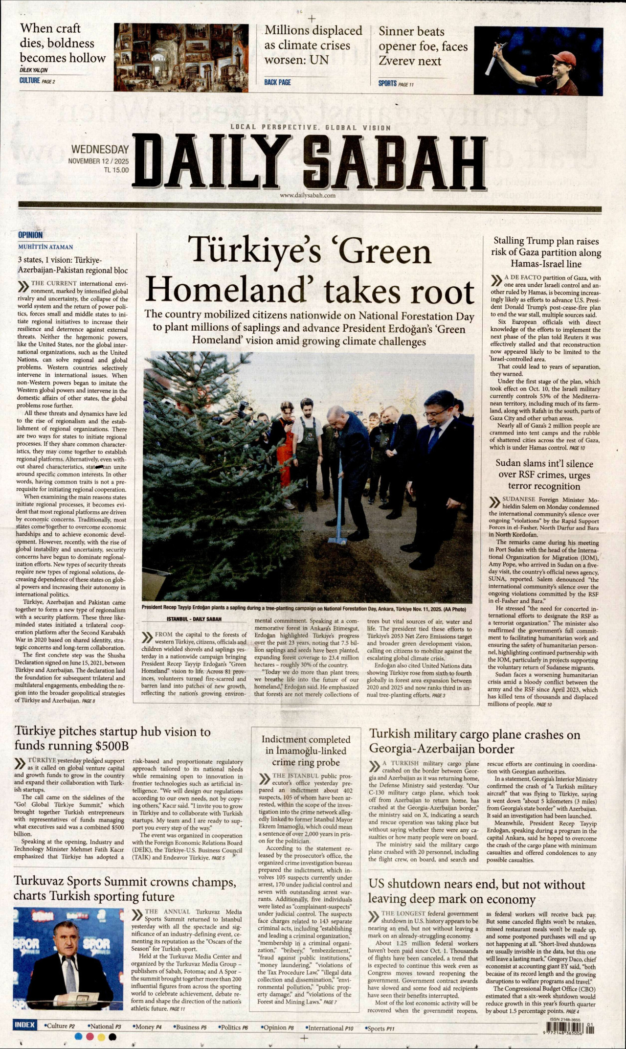 DAİLY SABAH gazetesinin 12 Kasım 2025 tarihli birinci sayfası