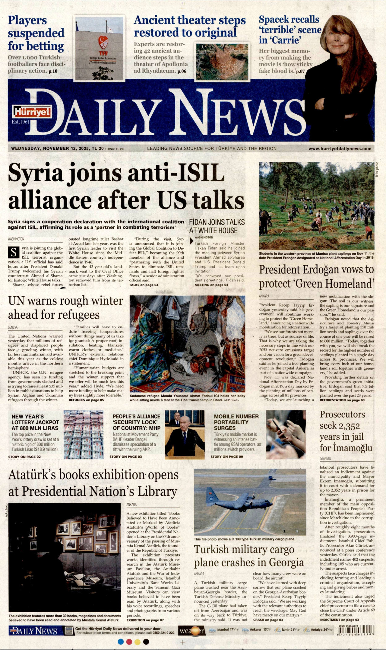 HÜRRİYET DAİLY NEWS gazetesinin 12 Kasım 2025 tarihli birinci sayfası