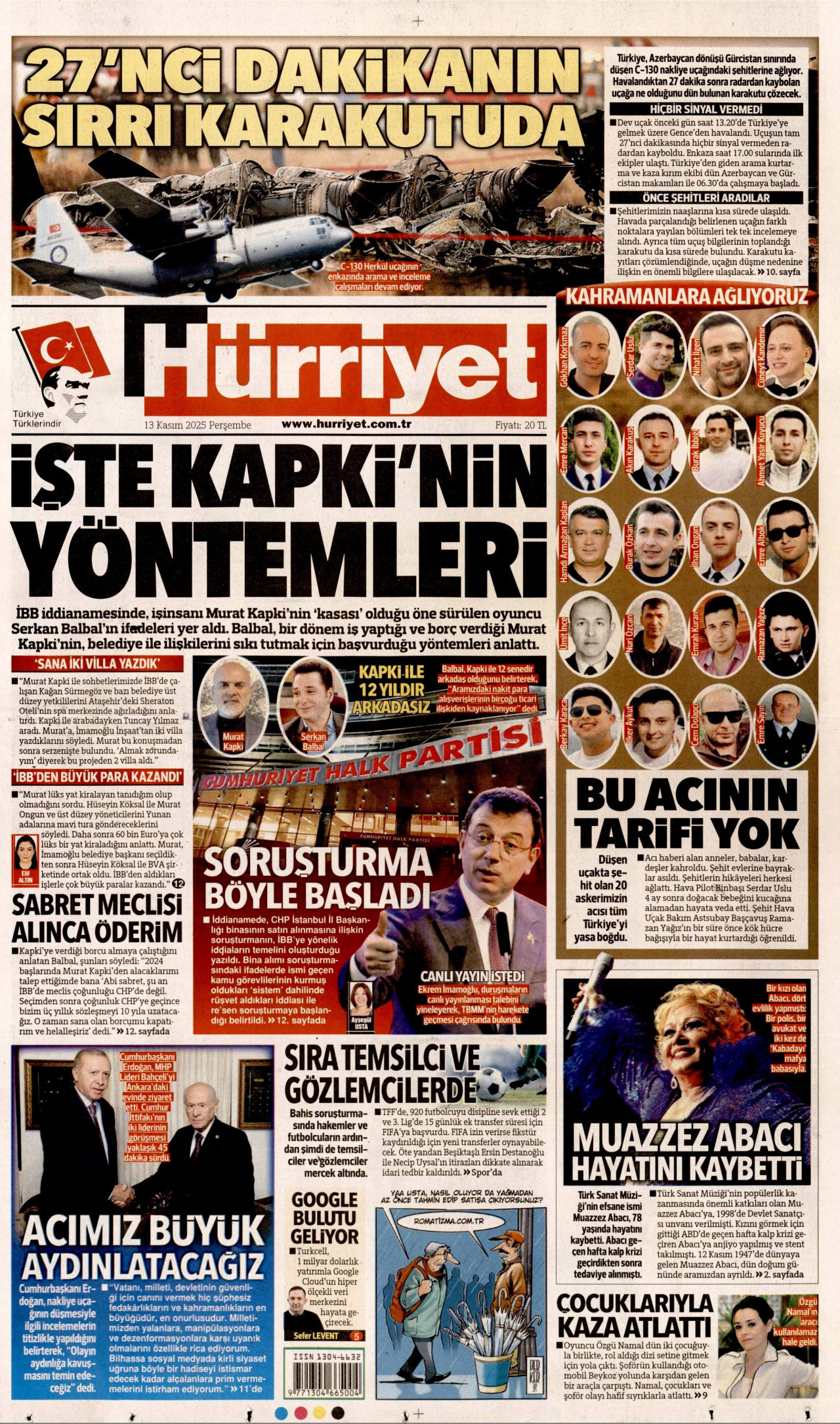 HÜRRİYET gazetesinin 13 Kasım 2025 tarihli birinci sayfası