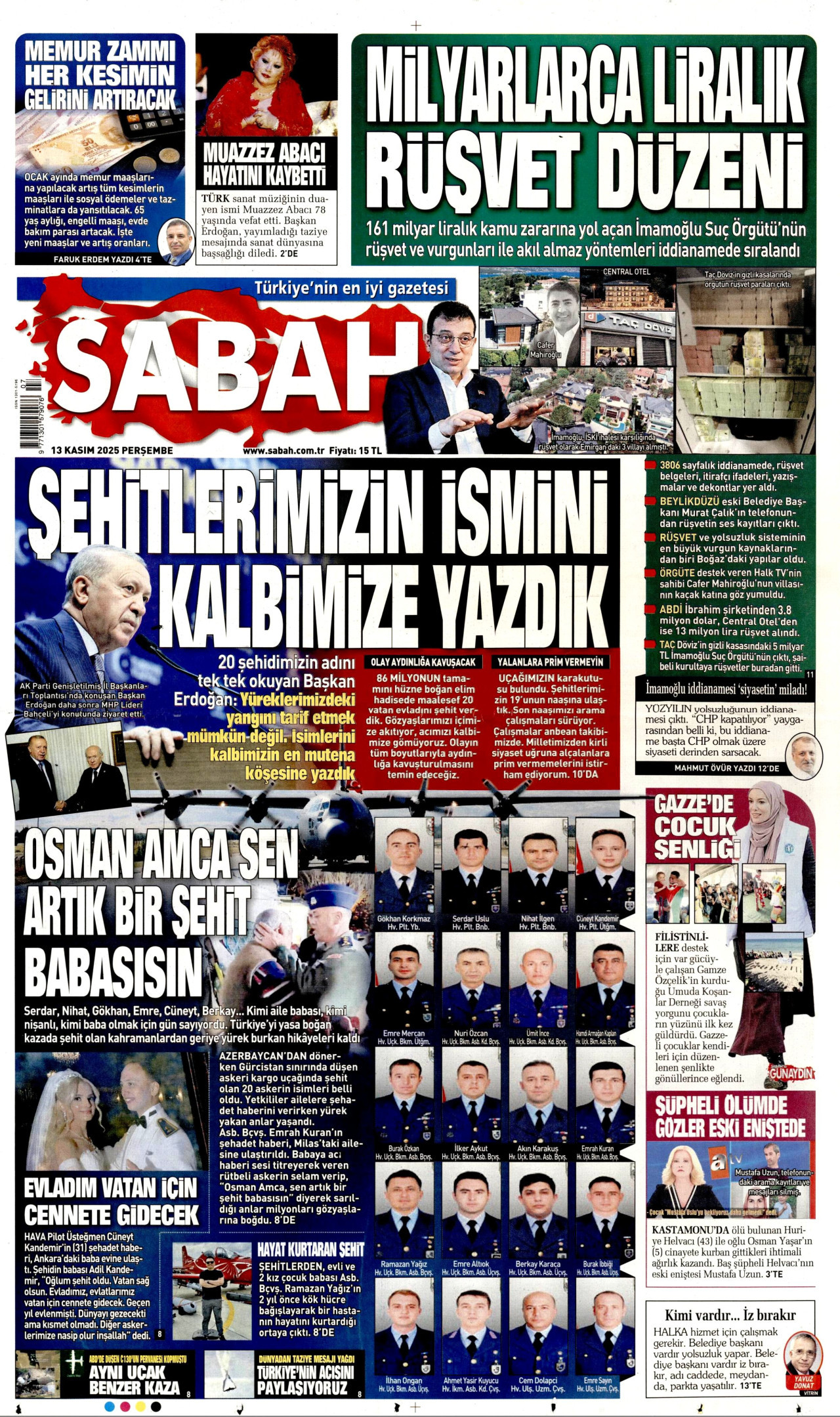 SABAH gazetesinin 13 Kasım 2025 tarihli birinci sayfası