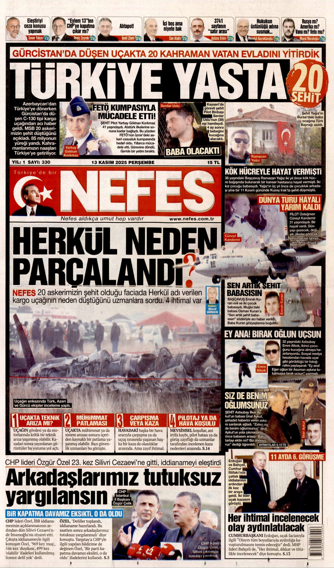 NEFES gazetesinin 13 Kasım 2025 tarihli birinci sayfası
