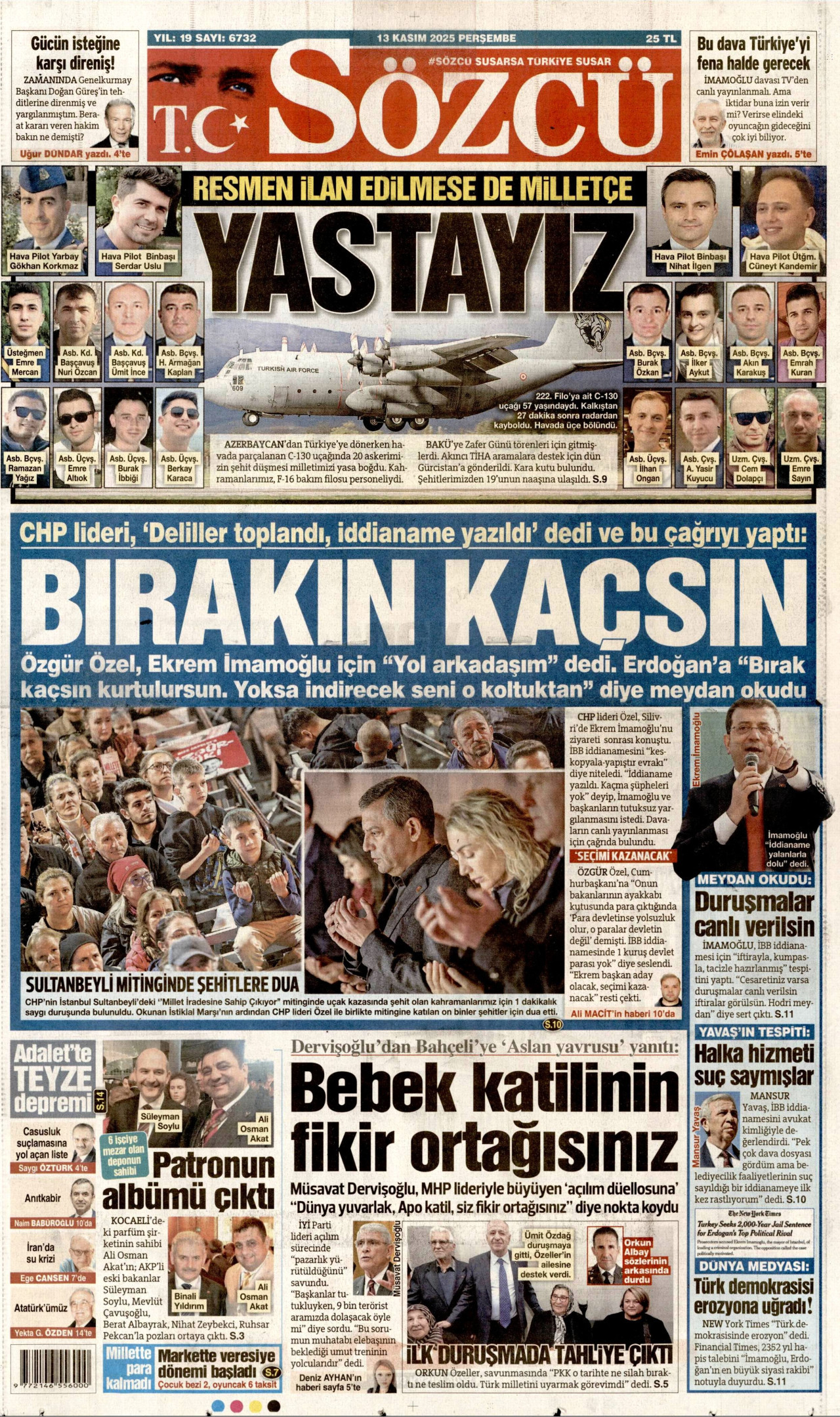 SÖZCÜ gazetesinin 13 Kasım 2025 tarihli birinci sayfası