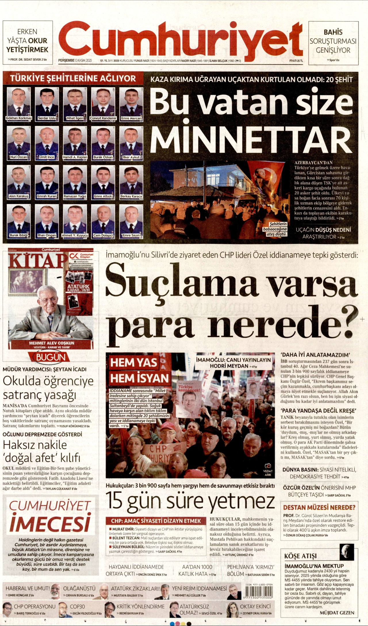 CUMHURİYET gazetesinin 13 Kasım 2025 tarihli birinci sayfası