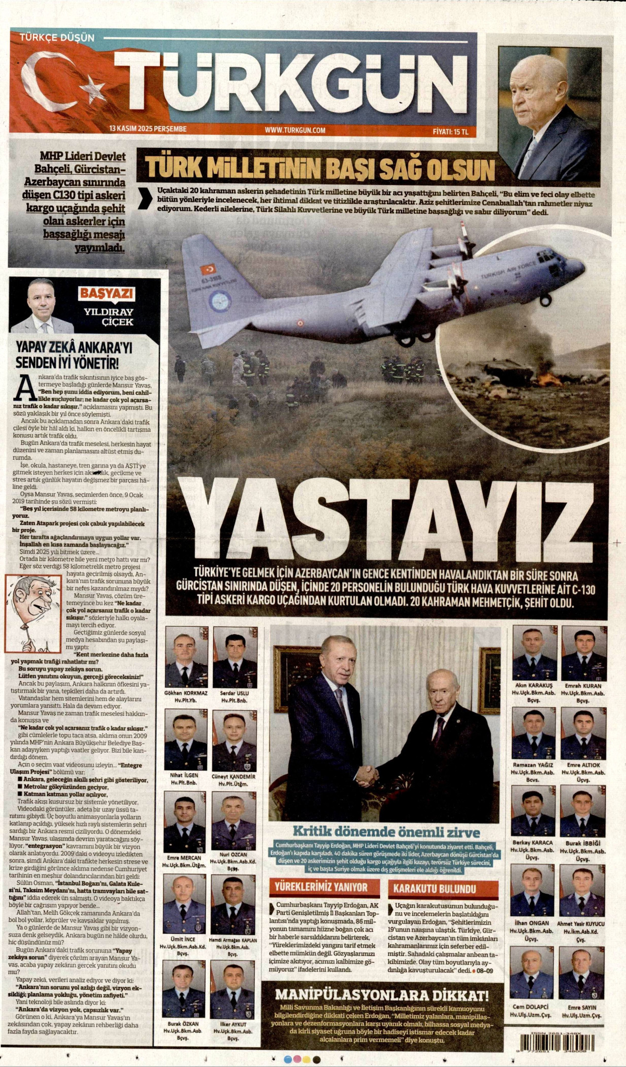 TÜRKGÜN gazetesinin 13 Kasım 2025 tarihli birinci sayfası