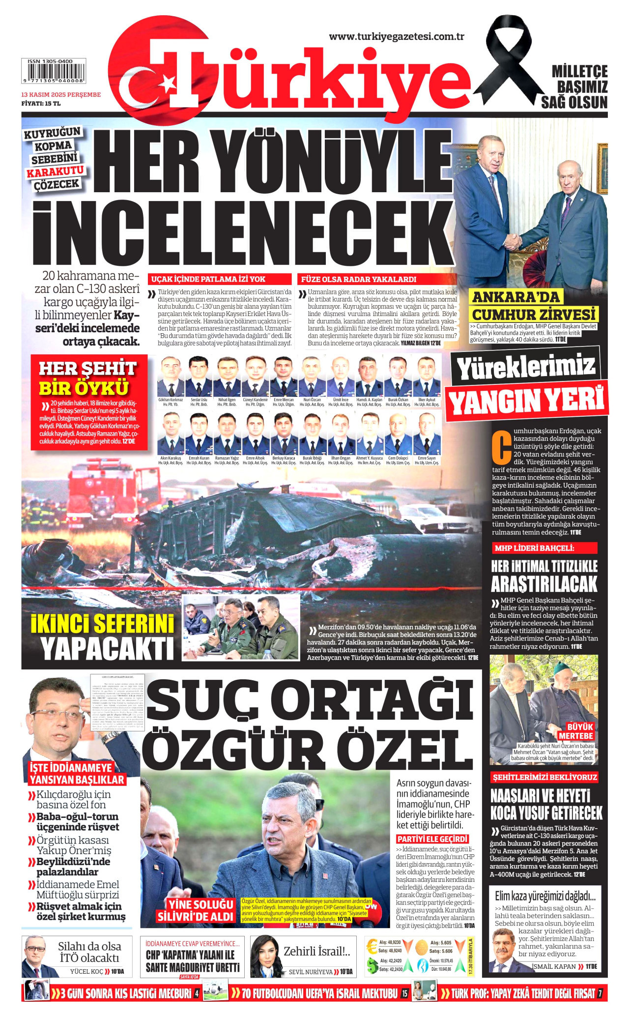 TÜRKİYE GAZETESİ gazetesinin 13 Kasım 2025 tarihli birinci sayfası