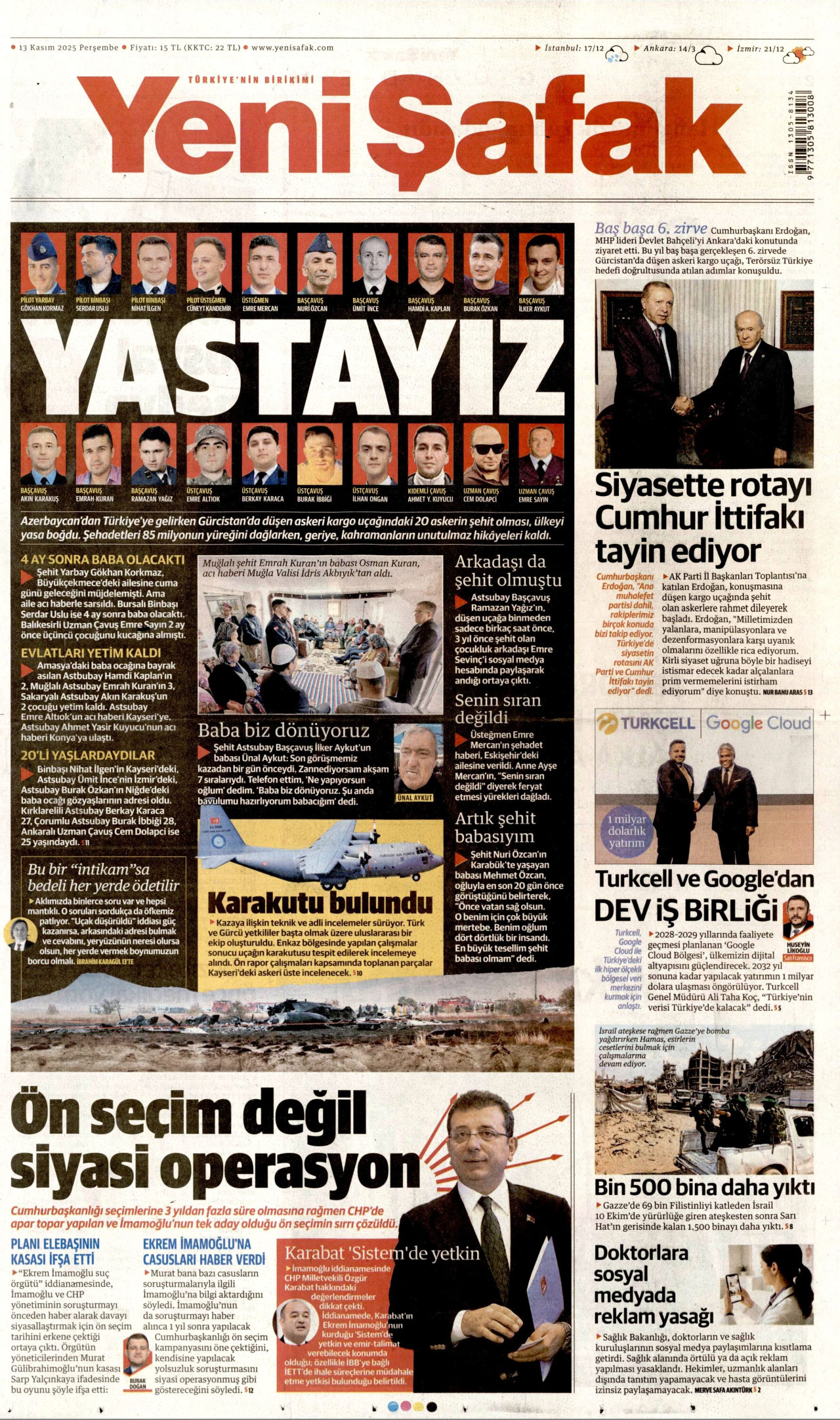 YENİ ŞAFAK gazetesinin 13 Kasım 2025 tarihli birinci sayfası