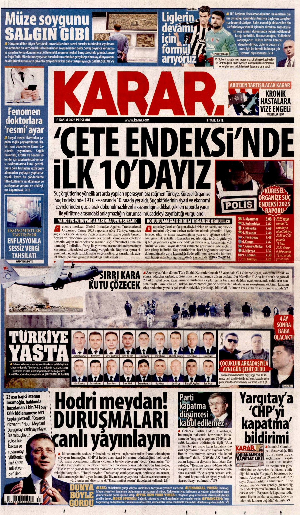 KARAR gazetesinin 13 Kasım 2025 tarihli birinci sayfası
