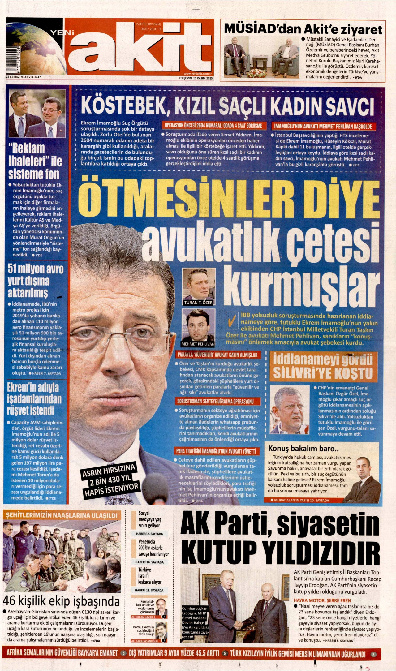YENİ AKİT gazetesinin 13 Kasım 2025 tarihli birinci sayfası