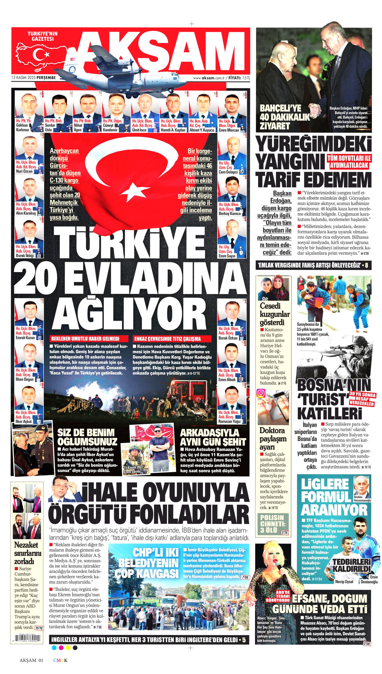 AKŞAM gazetesinin 13 Kasım 2025 tarihli birinci sayfası