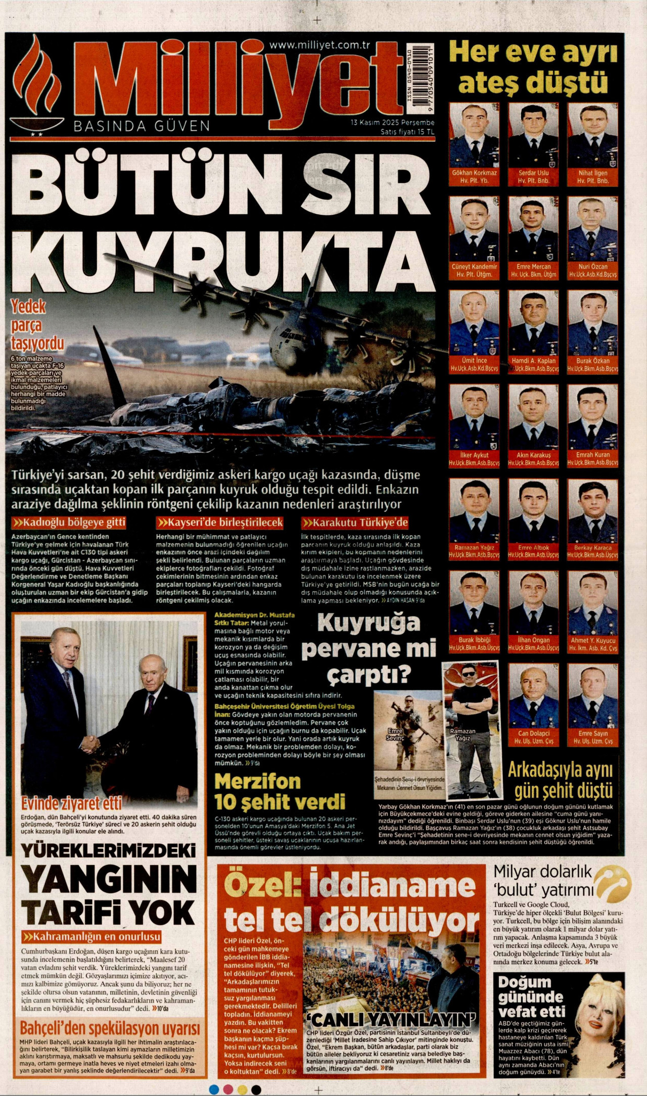 MİLLİYET gazetesinin 13 Kasım 2025 tarihli birinci sayfası
