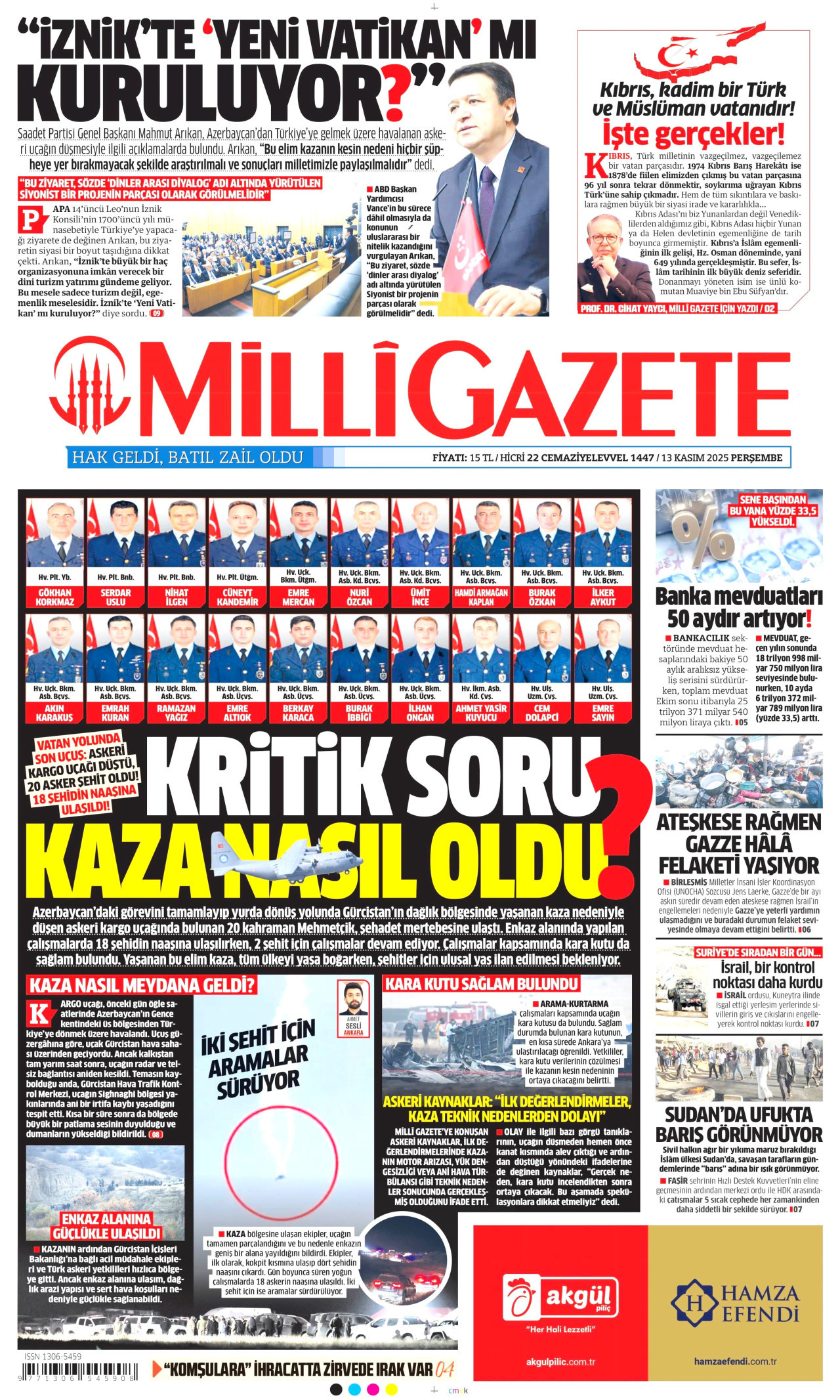 MİLLİ GAZETE gazetesinin 13 Kasım 2025 tarihli birinci sayfası
